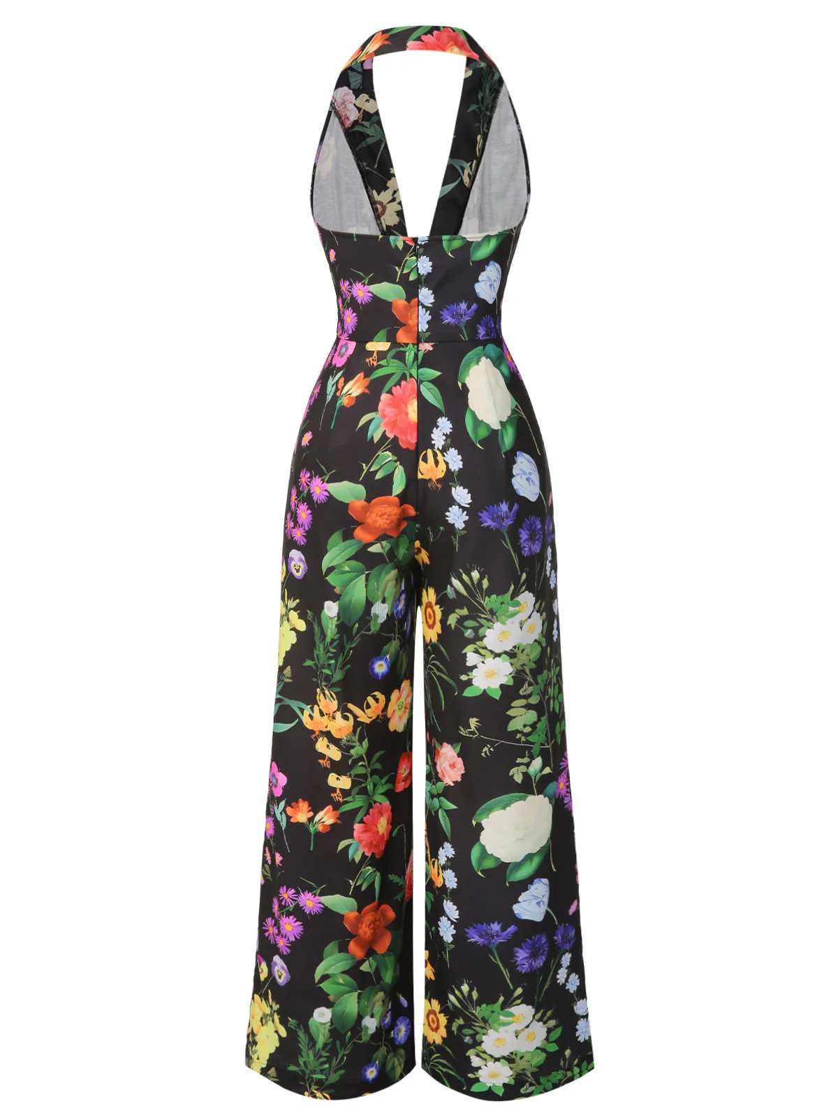 Black 1930s Floral V-Neck Halter Jumpsuit - Image 5