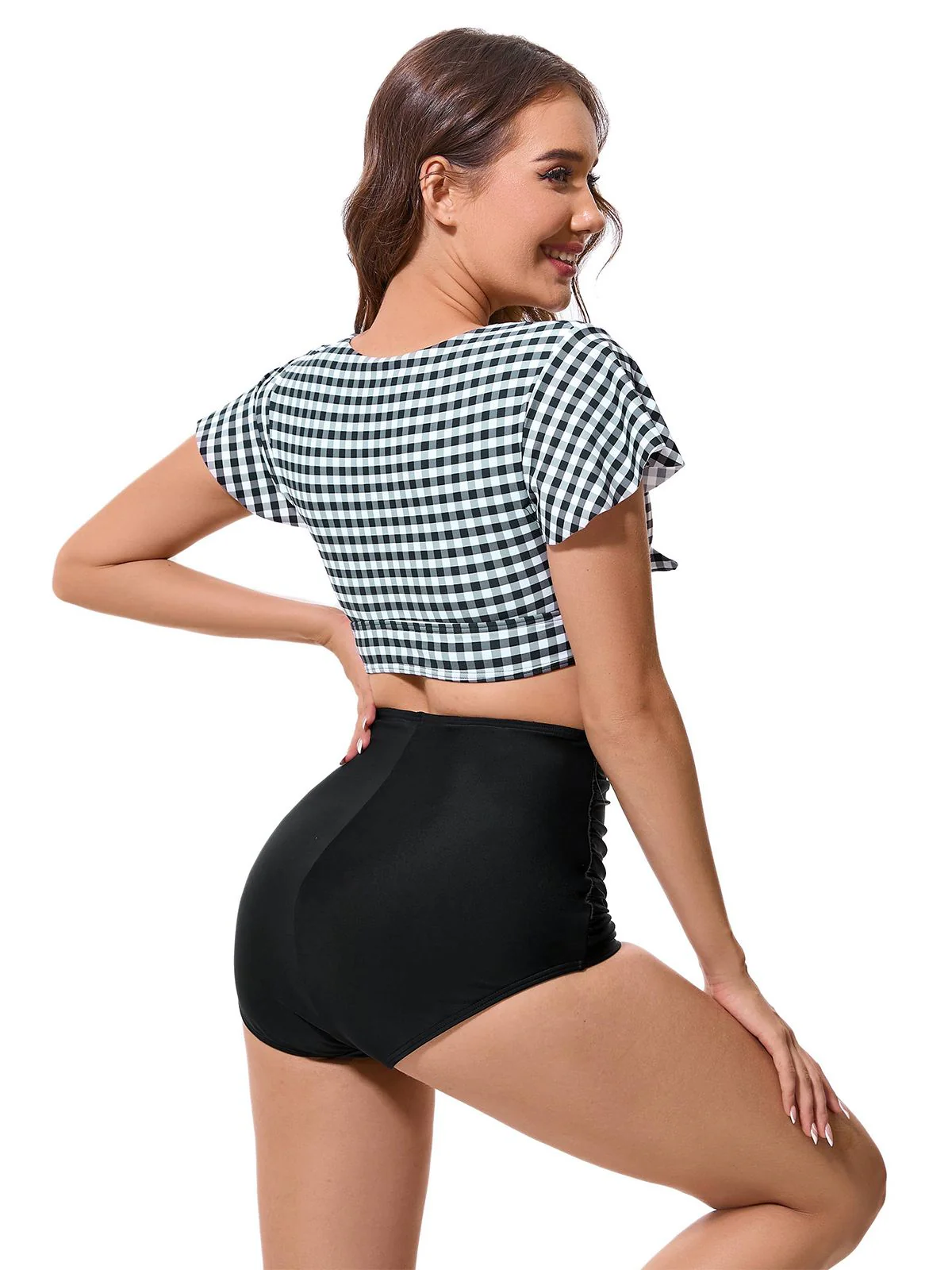 Black 1930s Gingham Plaid Bow Ruched Swimsuit - Image 2