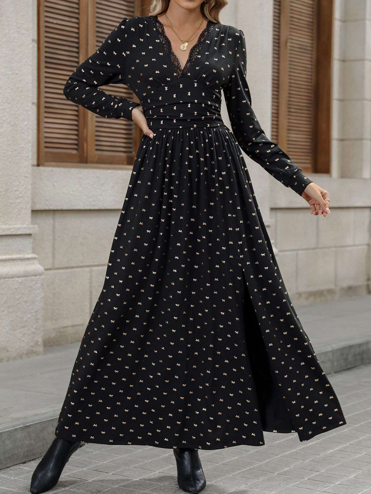 Black 1930s Gold Foil Bow V-Neck Lace Slit Dress - Image 3