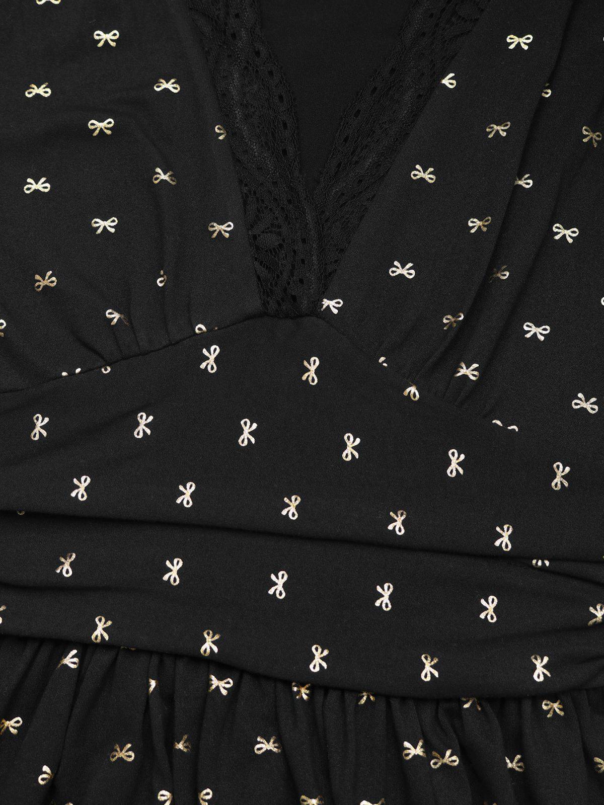 Black 1930s Gold Foil Bow V-Neck Lace Slit Dress - Image 5
