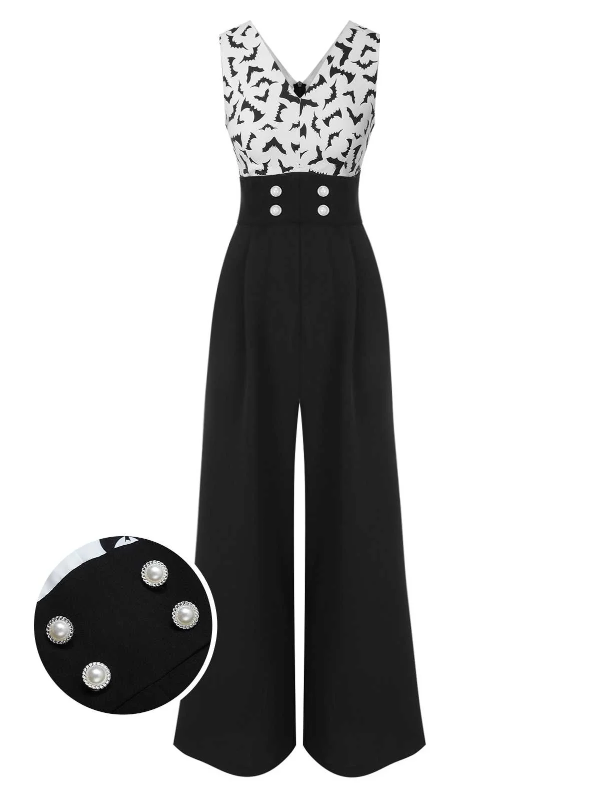 Black 1930s Halloween Bat Patchwork Jumpsuit - Image 2