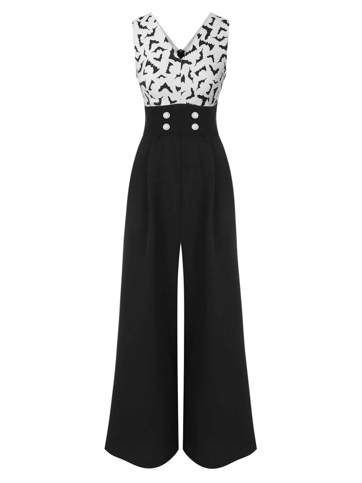Black 1930s Halloween Bat Patchwork Jumpsuit - Image 3