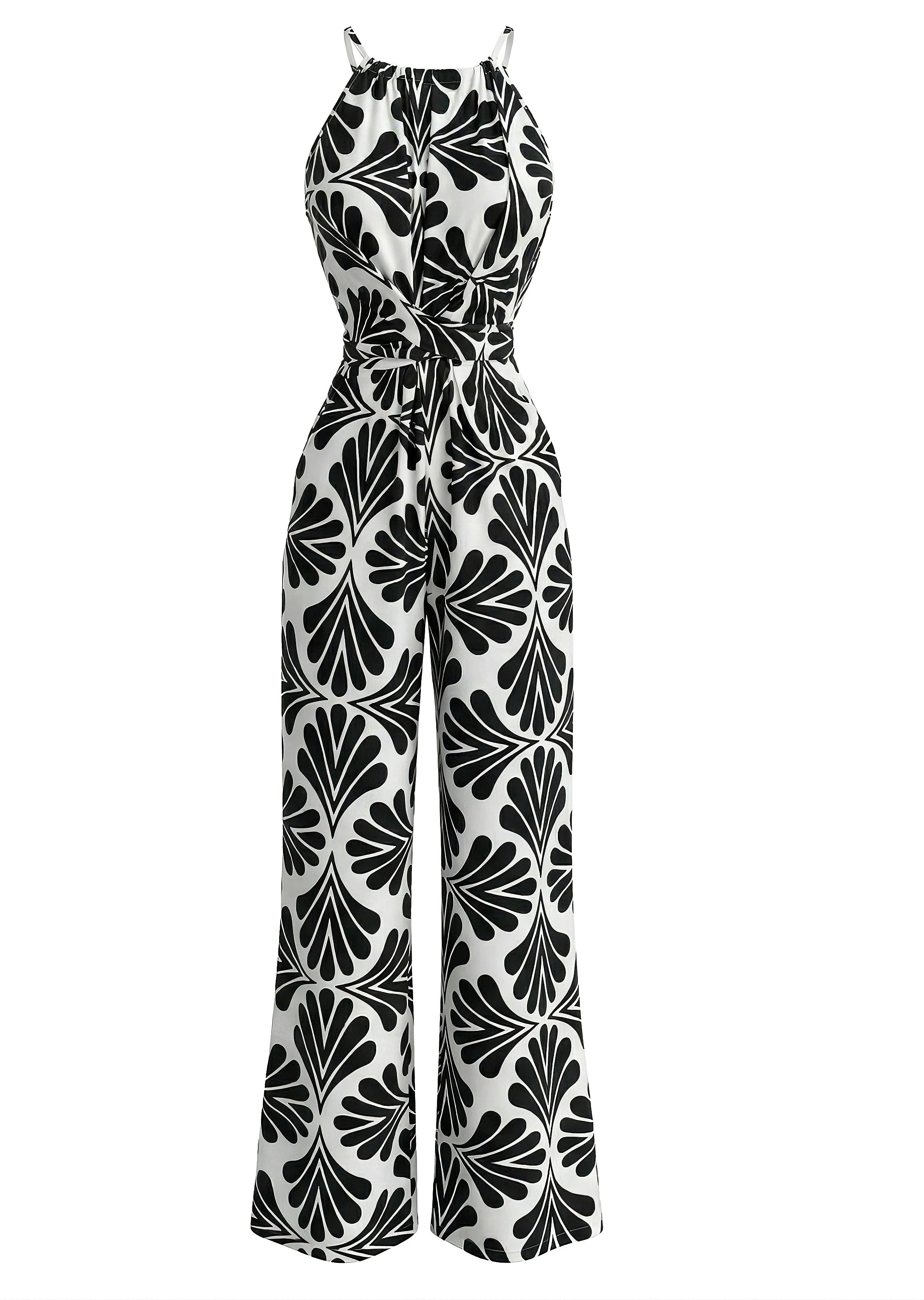 Black 1930s Halter Abstract Print Belted Jumpsuit - Image 2