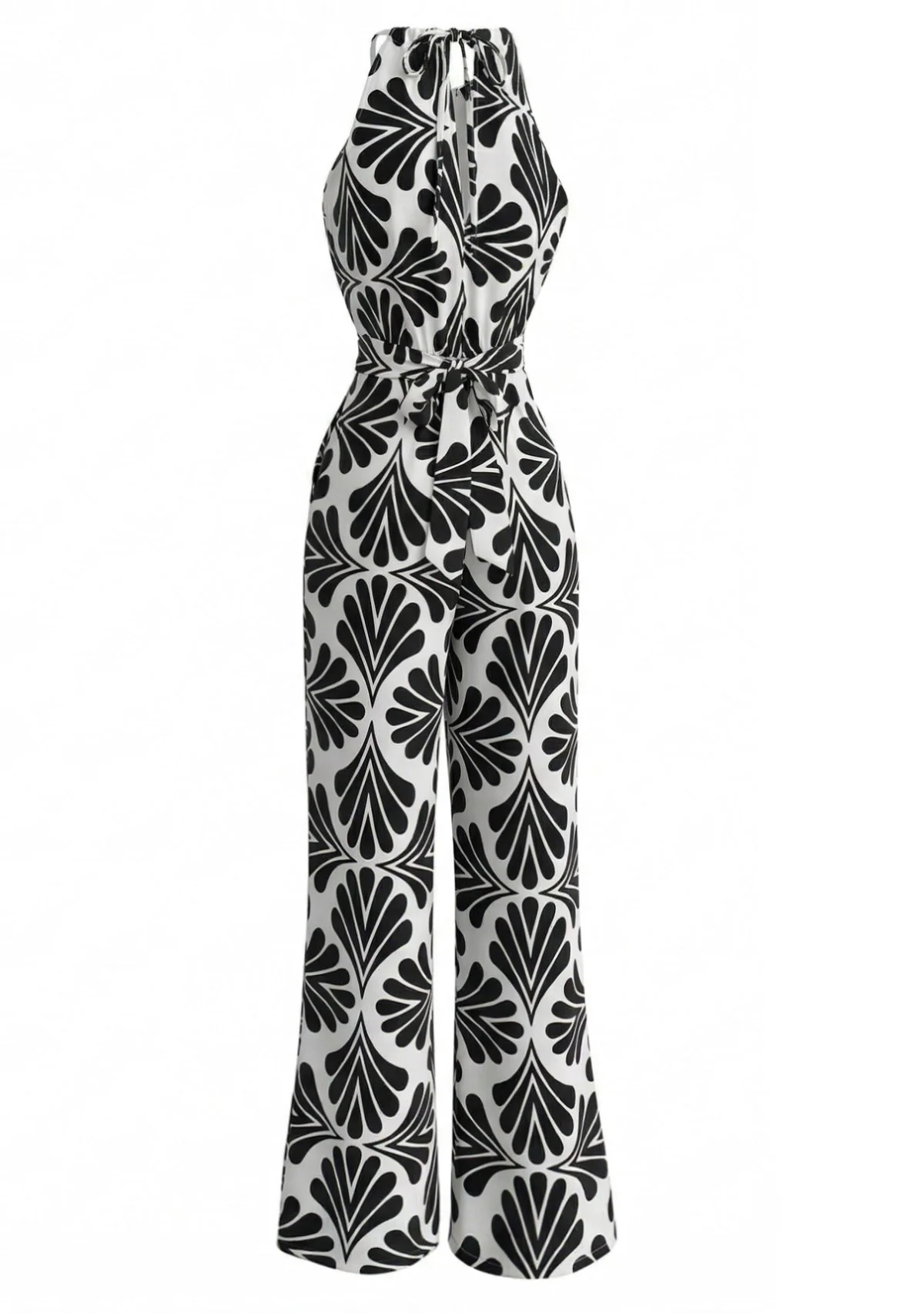 Black 1930s Halter Abstract Print Belted Jumpsuit - Image 3