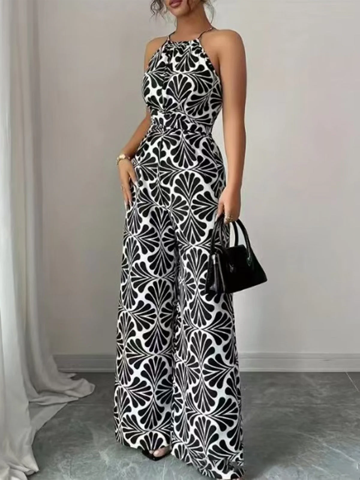 Black 1930s Halter Abstract Print Belted Jumpsuit - Image 4