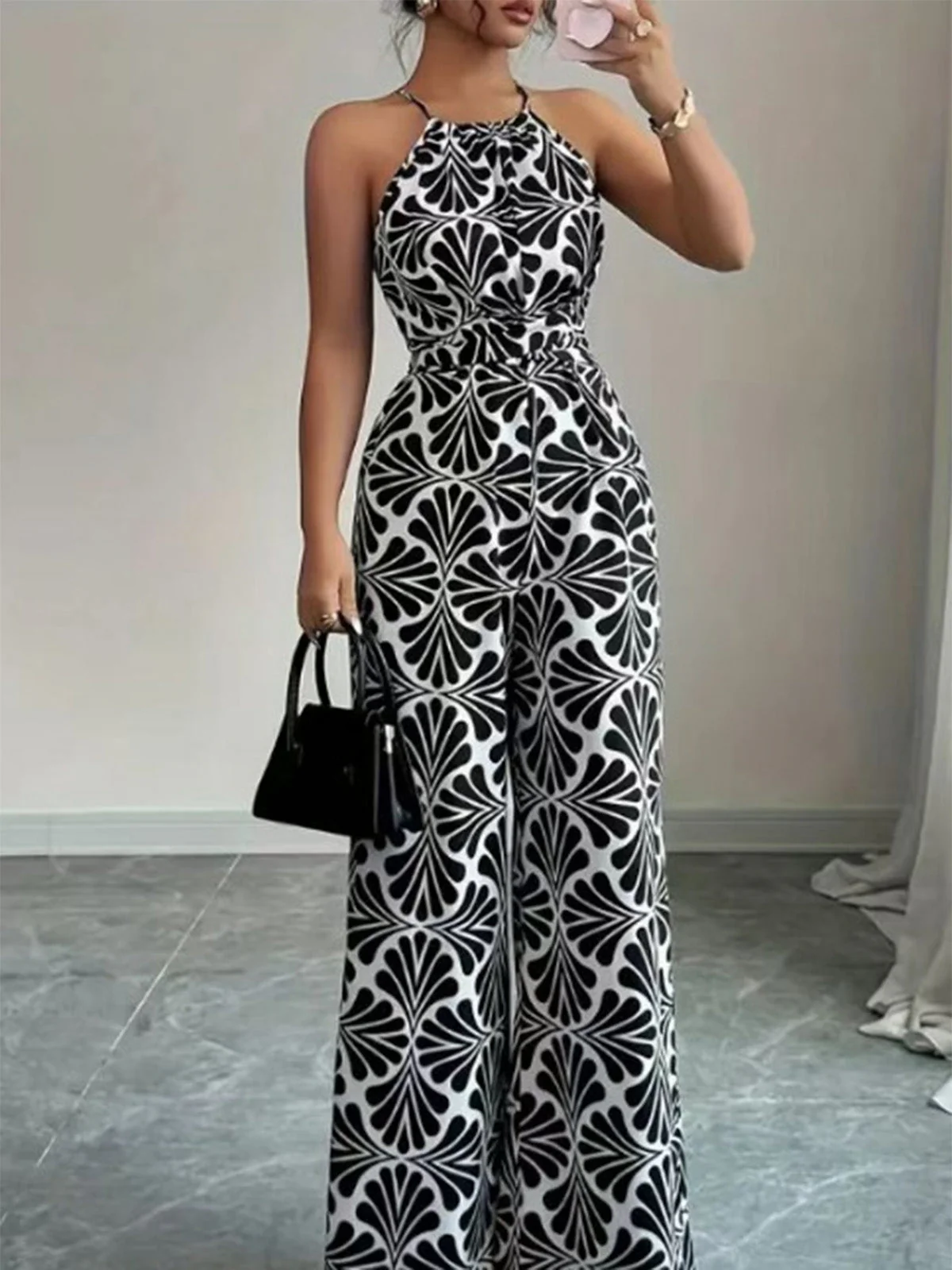 Black 1930s Halter Abstract Print Belted Jumpsuit - Image 5