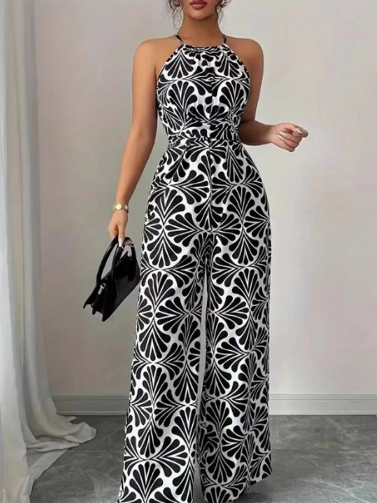 Black 1930s Halter Abstract Print Belted Jumpsuit - Image 6