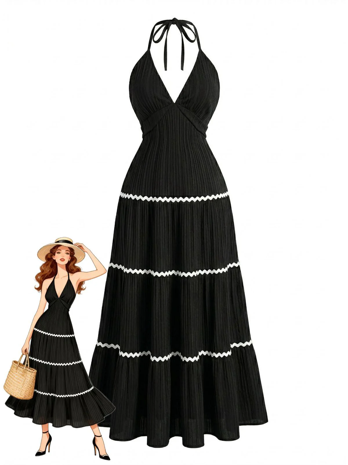 Black 1930s Halter Backless Colorblock Maxi Dress
