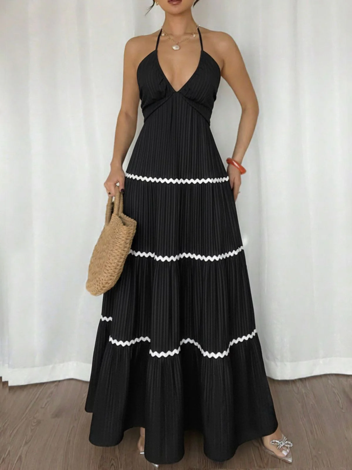 Black 1930s Halter Backless Colorblock Maxi Dress - Image 2