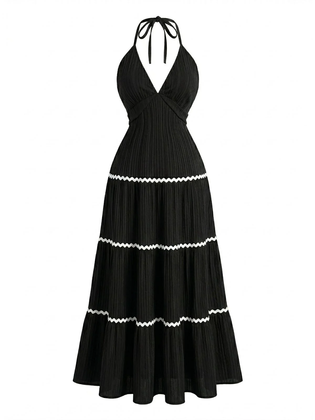 Black 1930s Halter Backless Colorblock Maxi Dress - Image 3