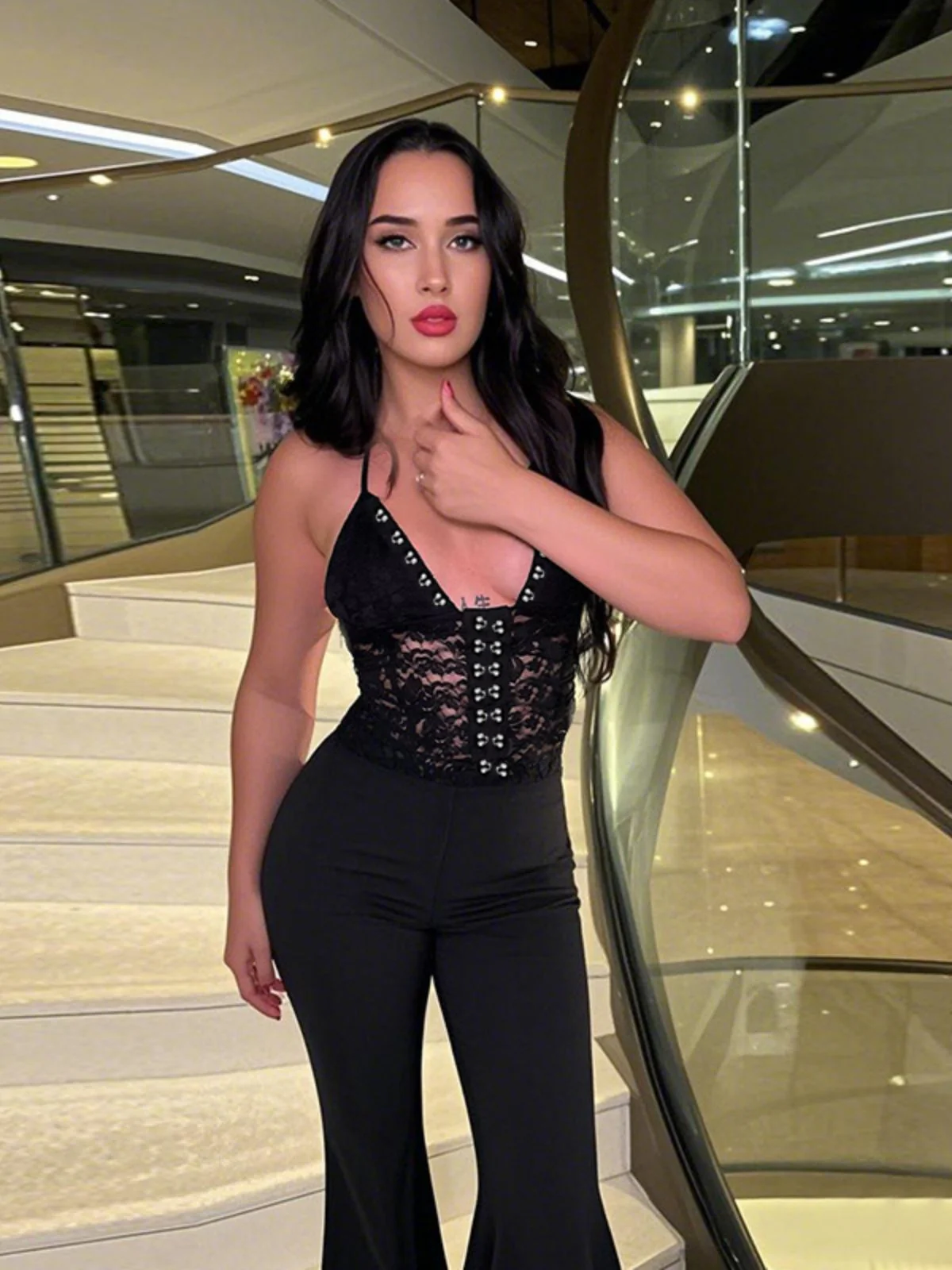 Black 1930s Halter Lace Bell-Bottom Jumpsuit - Image 5