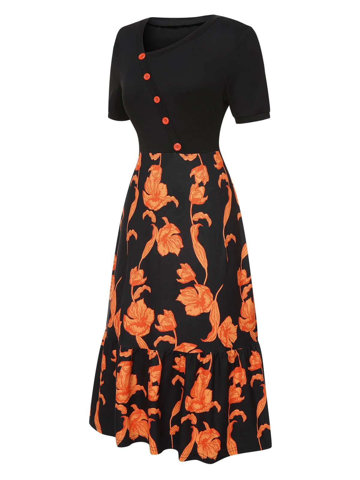 Black 1930s Irregular Neckline Floral Patchwork Dress - Image 2