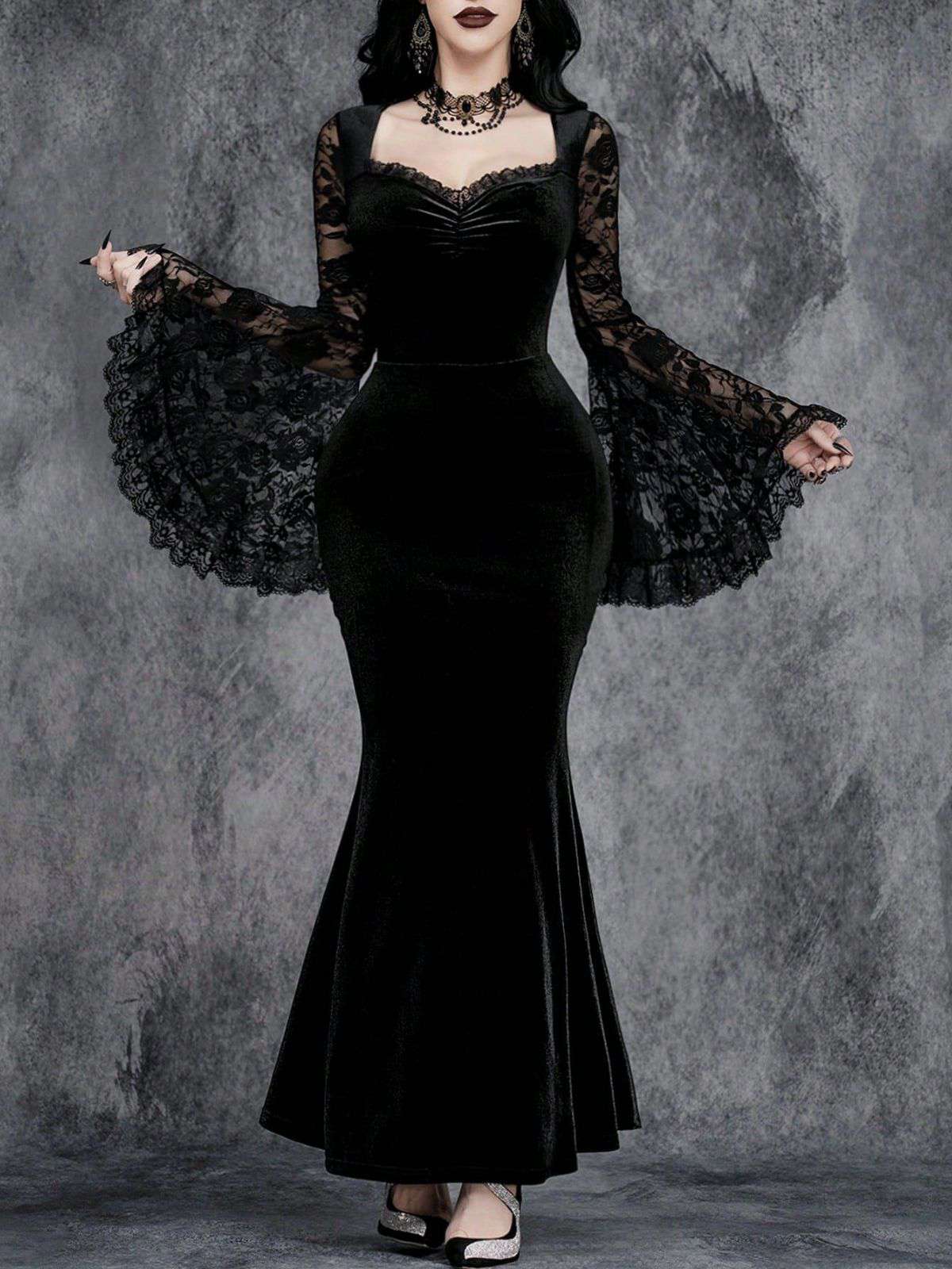 Black 1930s Lace Sleeve Velvet Fishtail Dress - Image 4