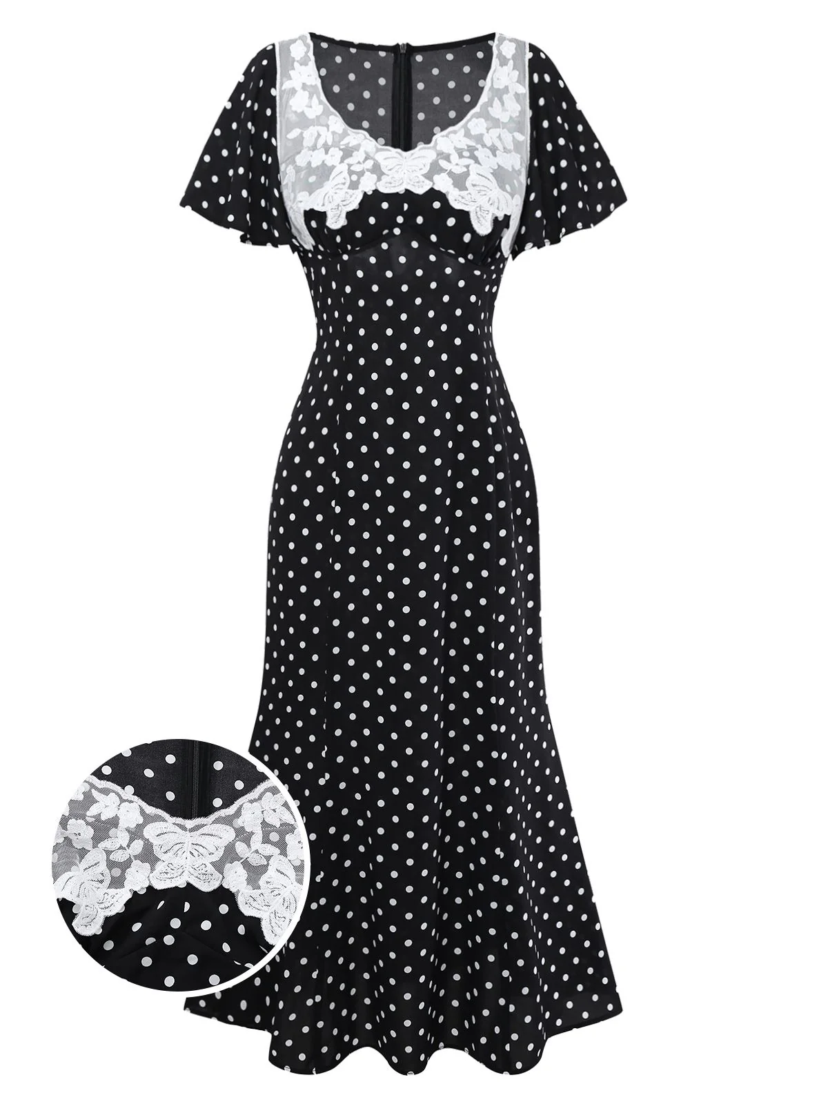 Black 1930s Lace Trim Polka Dot Dress - Image 2