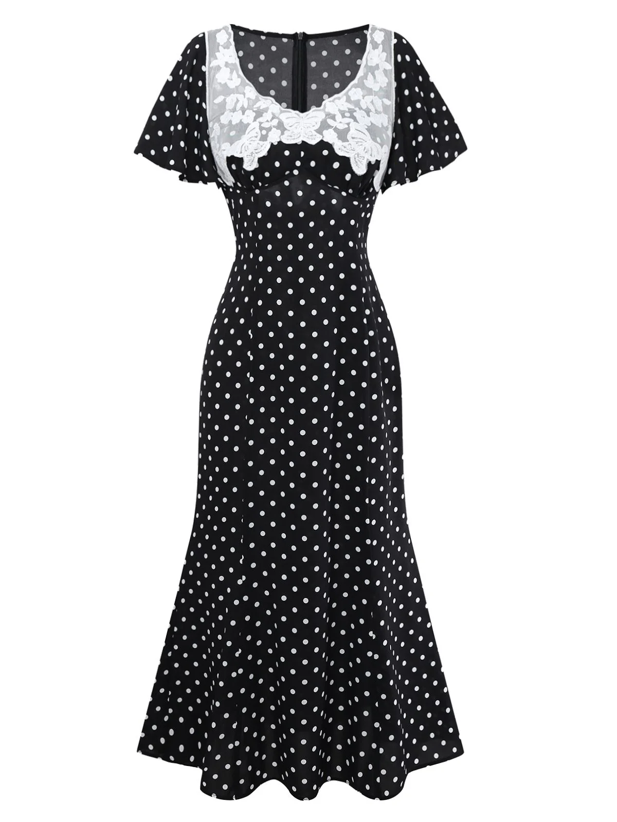 Black 1930s Lace Trim Polka Dot Dress - Image 3