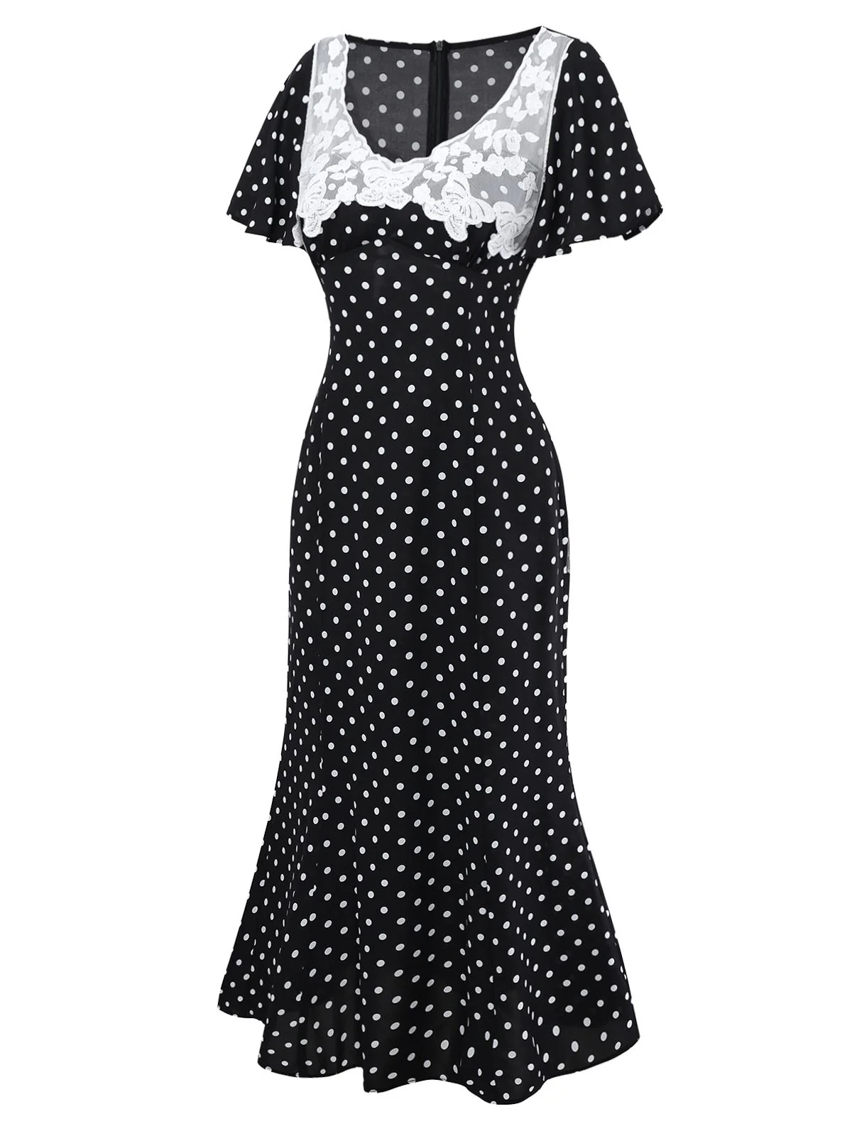 Black 1930s Lace Trim Polka Dot Dress - Image 4