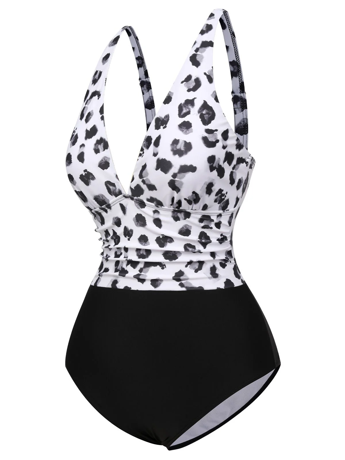 Black 1930s Leopard Patchwork V-Neck Swimsuit - Image 2