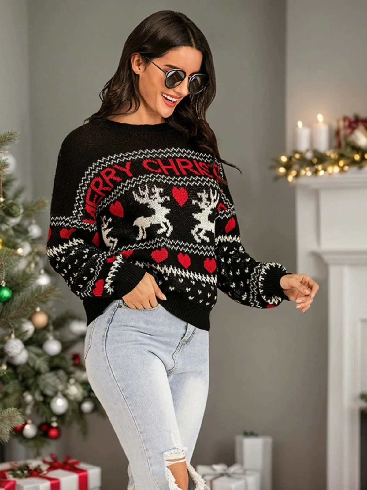 Black 1930s Merry Christmas Reindeer Hearts Sweater - Image 2
