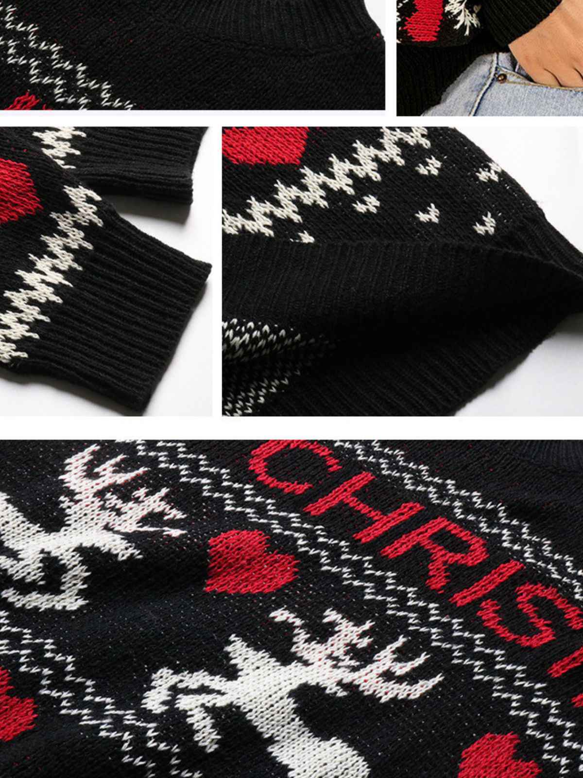 Black 1930s Merry Christmas Reindeer Hearts Sweater - Image 5