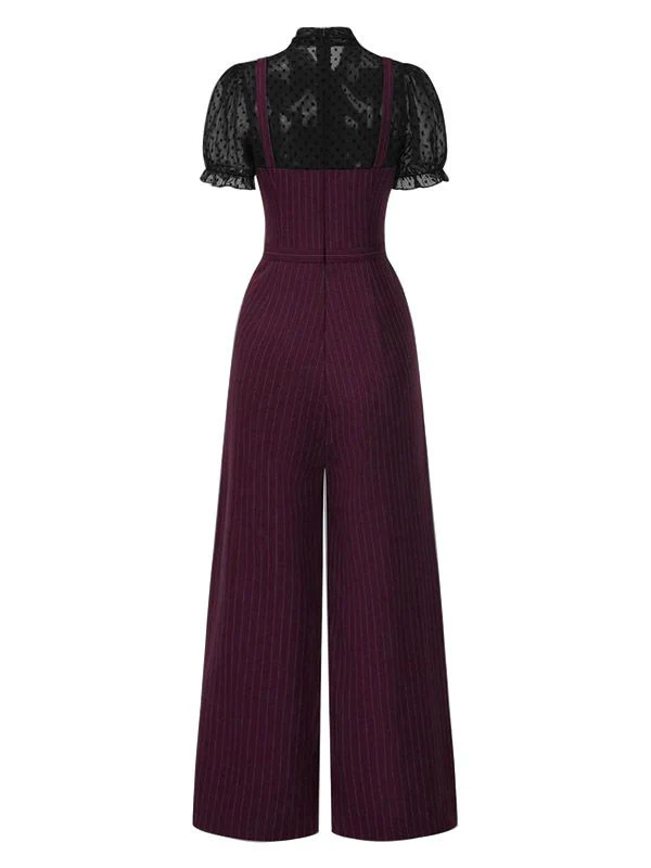 Black 1930s Mesh Patchwork Vertical Stripe Jumpsuit - Image 2