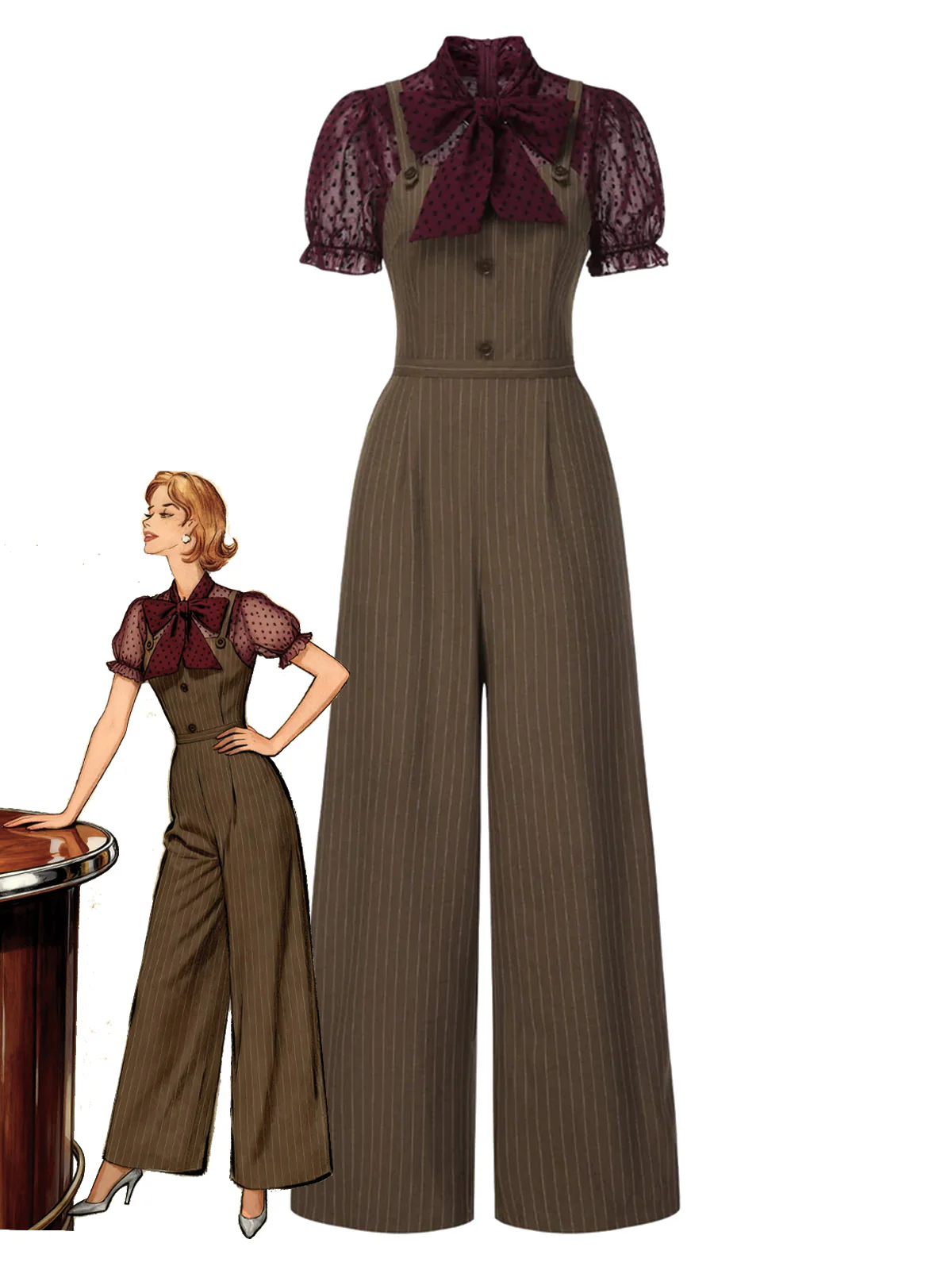 Black 1930s Mesh Patchwork Vertical Stripe Jumpsuit - Image 3