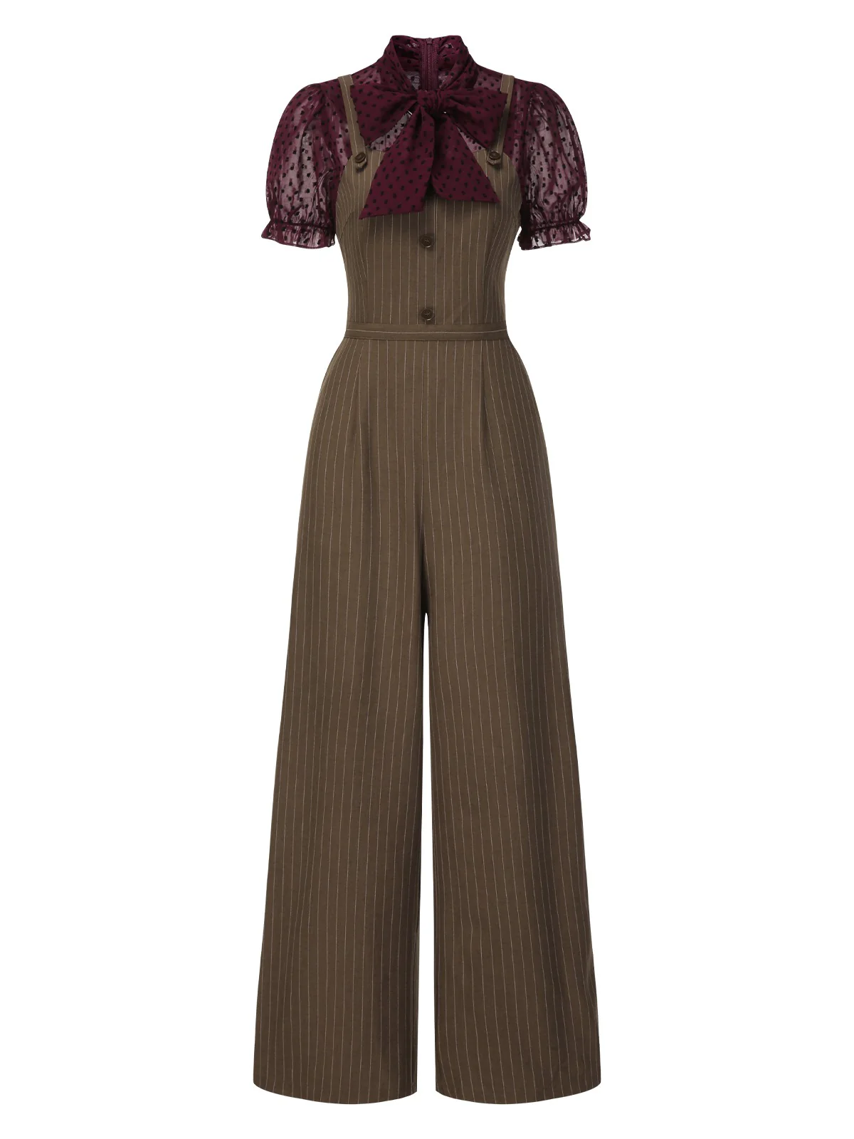 Black 1930s Mesh Patchwork Vertical Stripe Jumpsuit - Image 5