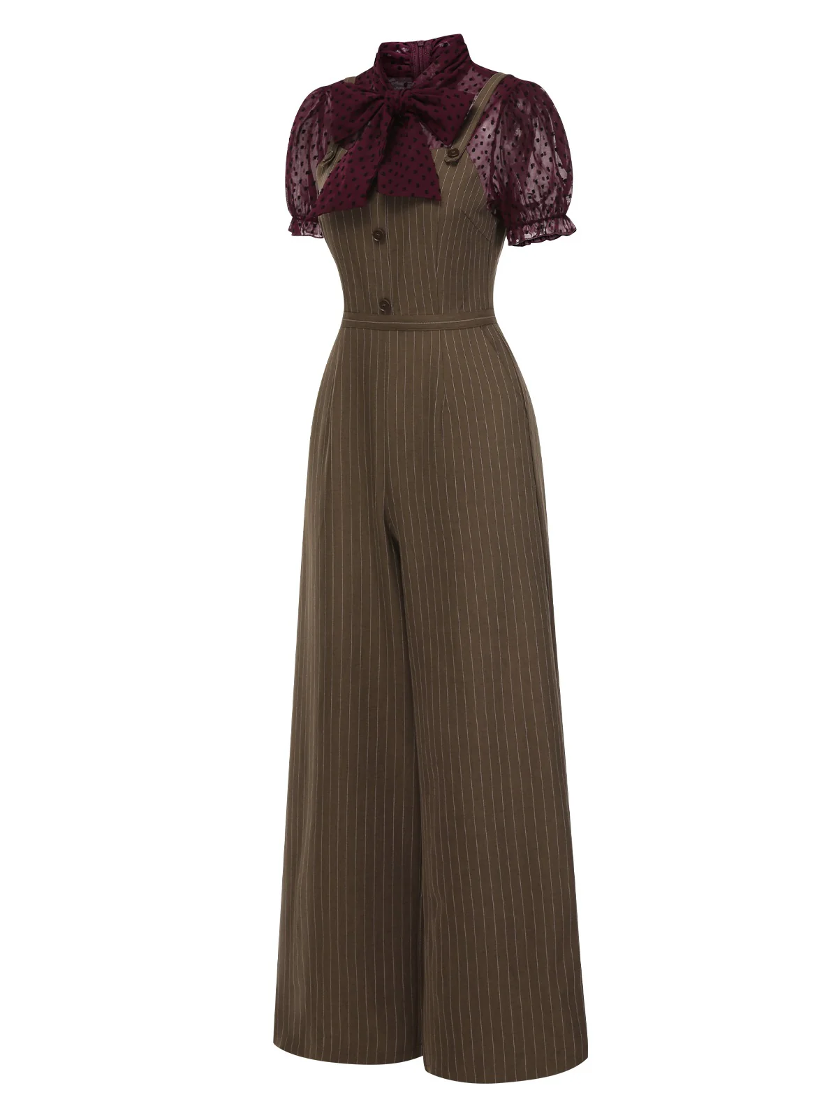 Black 1930s Mesh Patchwork Vertical Stripe Jumpsuit - Image 6
