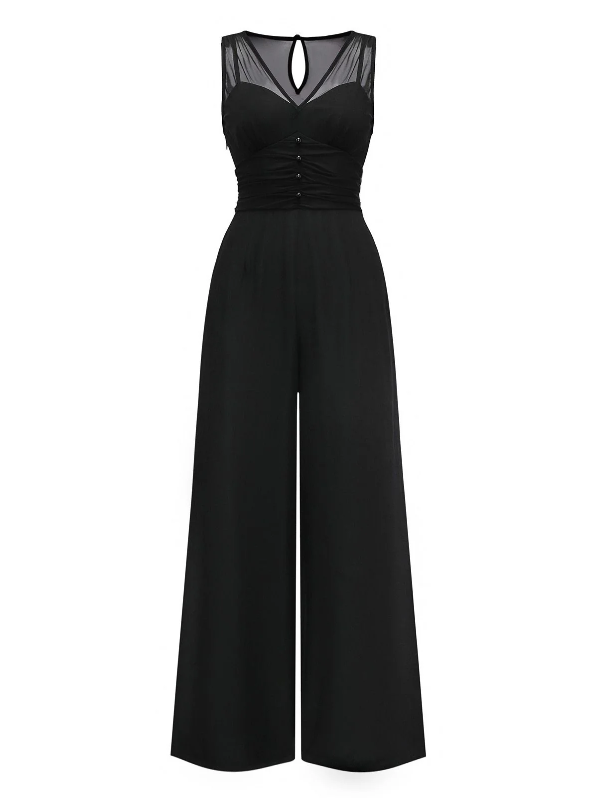 Black 1930s Mesh Pleated Patchwork Jumpsuit - Image 2