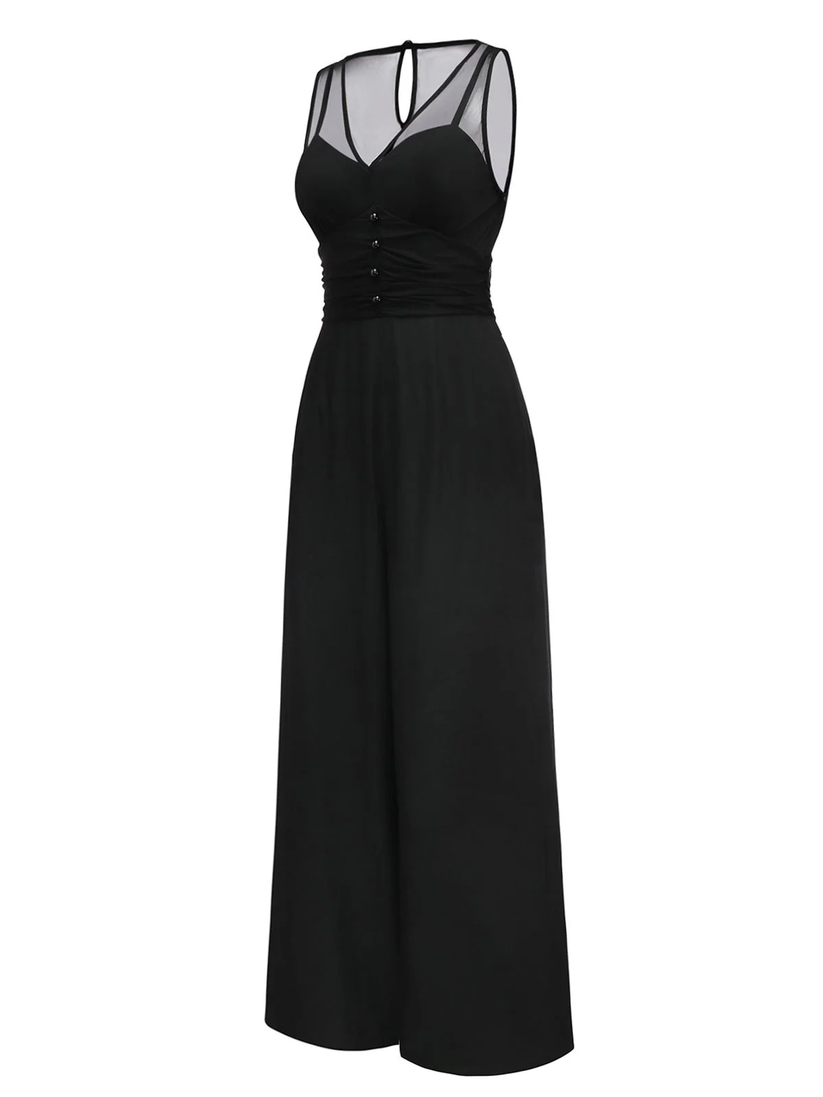 Black 1930s Mesh Pleated Patchwork Jumpsuit - Image 3