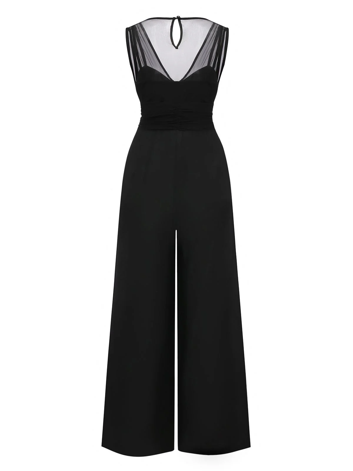 Black 1930s Mesh Pleated Patchwork Jumpsuit - Image 4