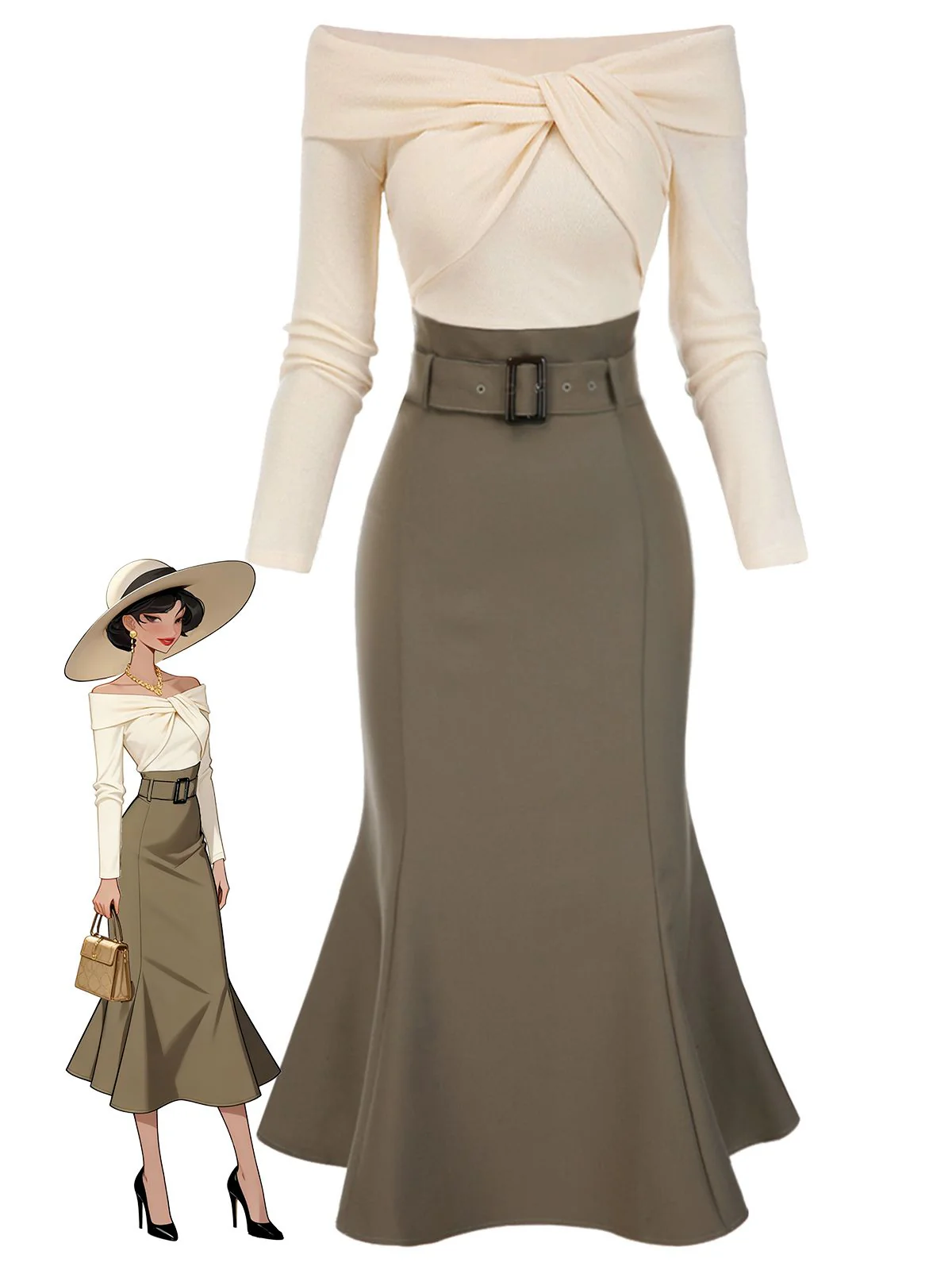 Black 1930s Off Shoulder Knit Belt Mermaid Dress - Image 3
