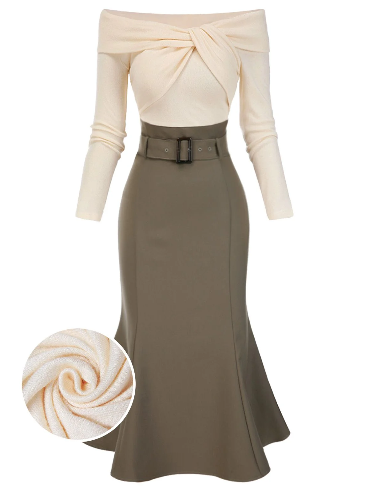 Black 1930s Off Shoulder Knit Belt Mermaid Dress - Image 4