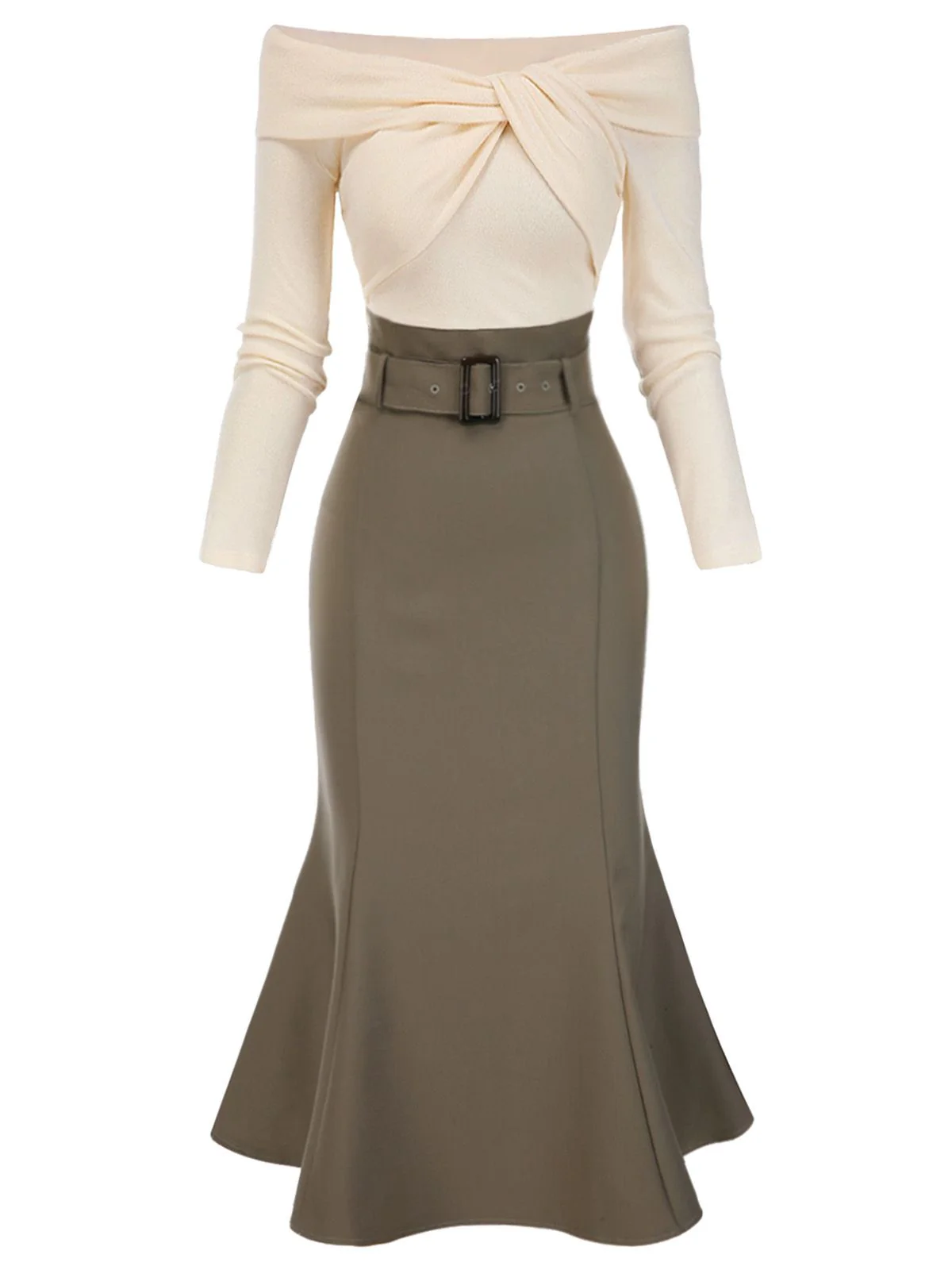 Black 1930s Off Shoulder Knit Belt Mermaid Dress - Image 5