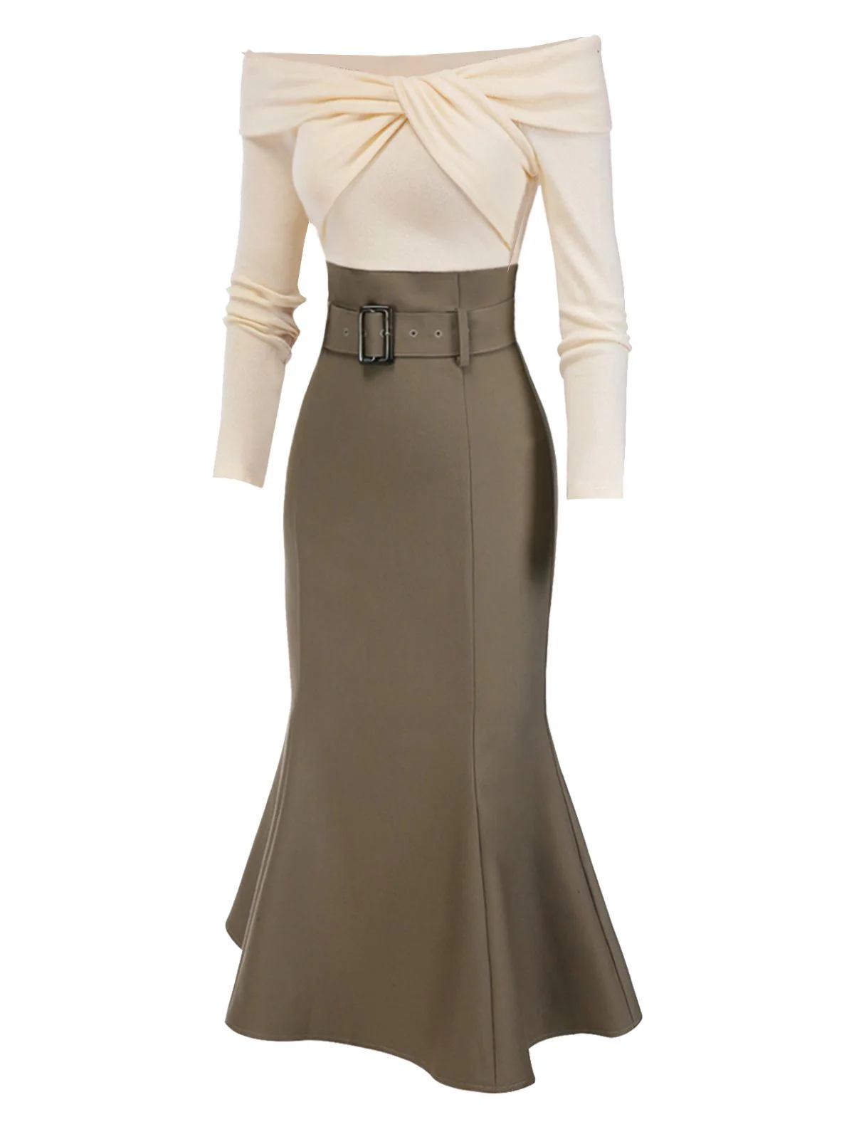 Black 1930s Off Shoulder Knit Belt Mermaid Dress - Image 6