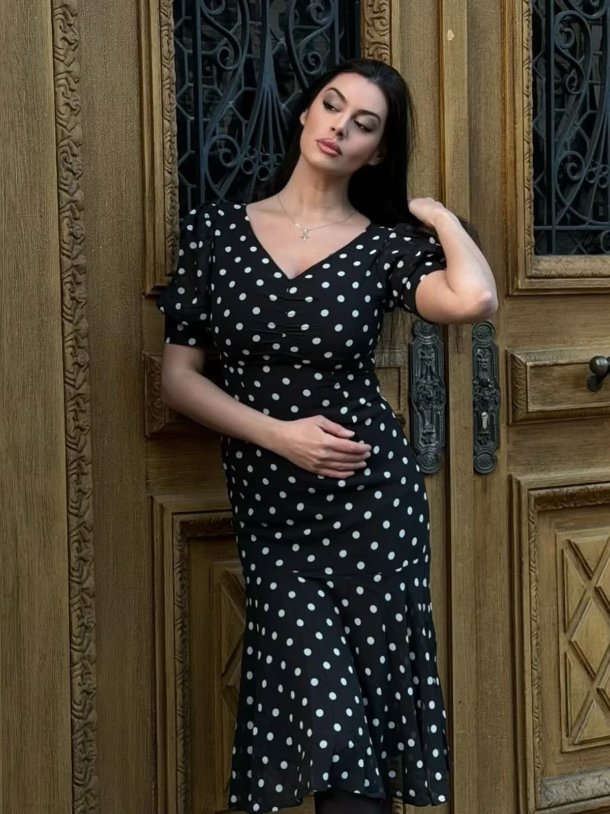 Black 1930s Polka Dot Mermaid Dress - Image 3
