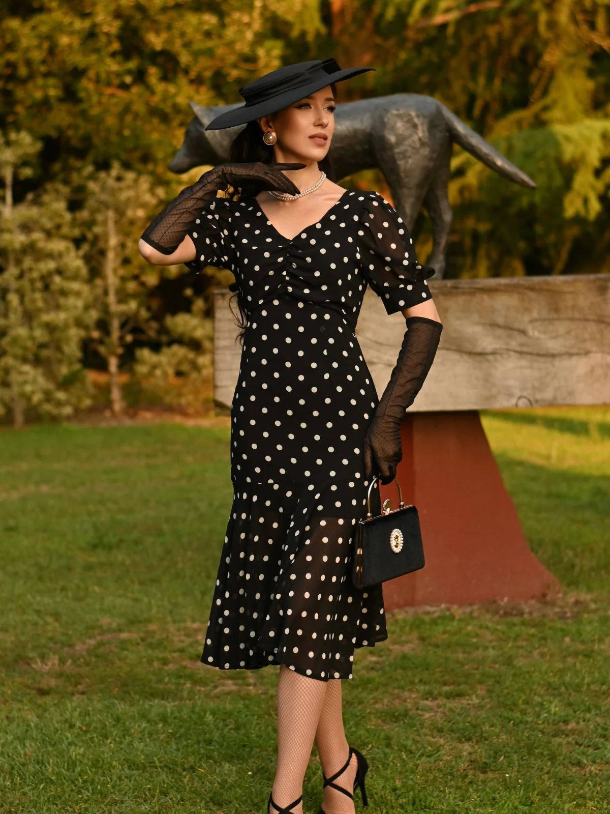 Black 1930s Polka Dot Mermaid Dress - Image 2