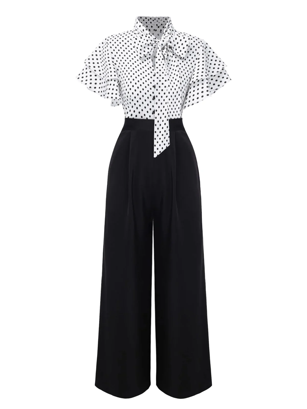 Black 1930s Polka Dots Tie-Neck Jumpsuit - Image 2