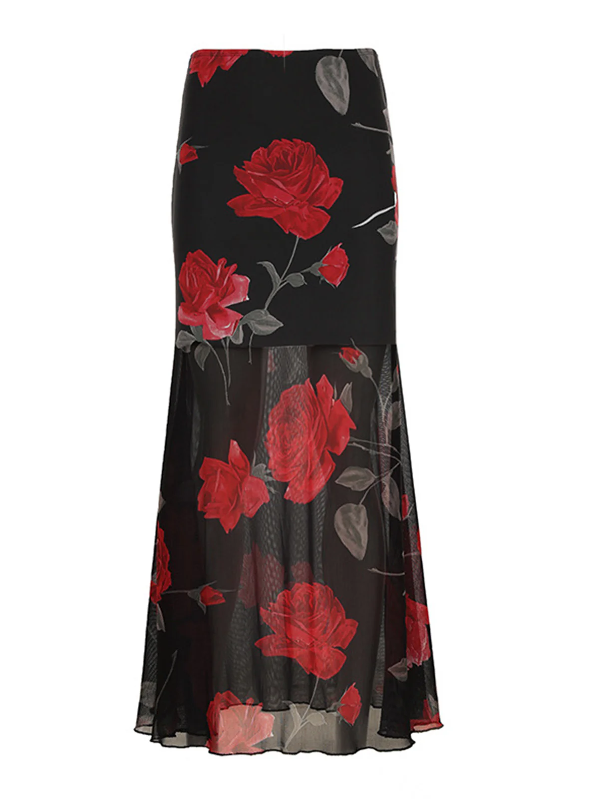 Black 1930s Rose Sheer Maxi Mermaid Skirt - Image 2