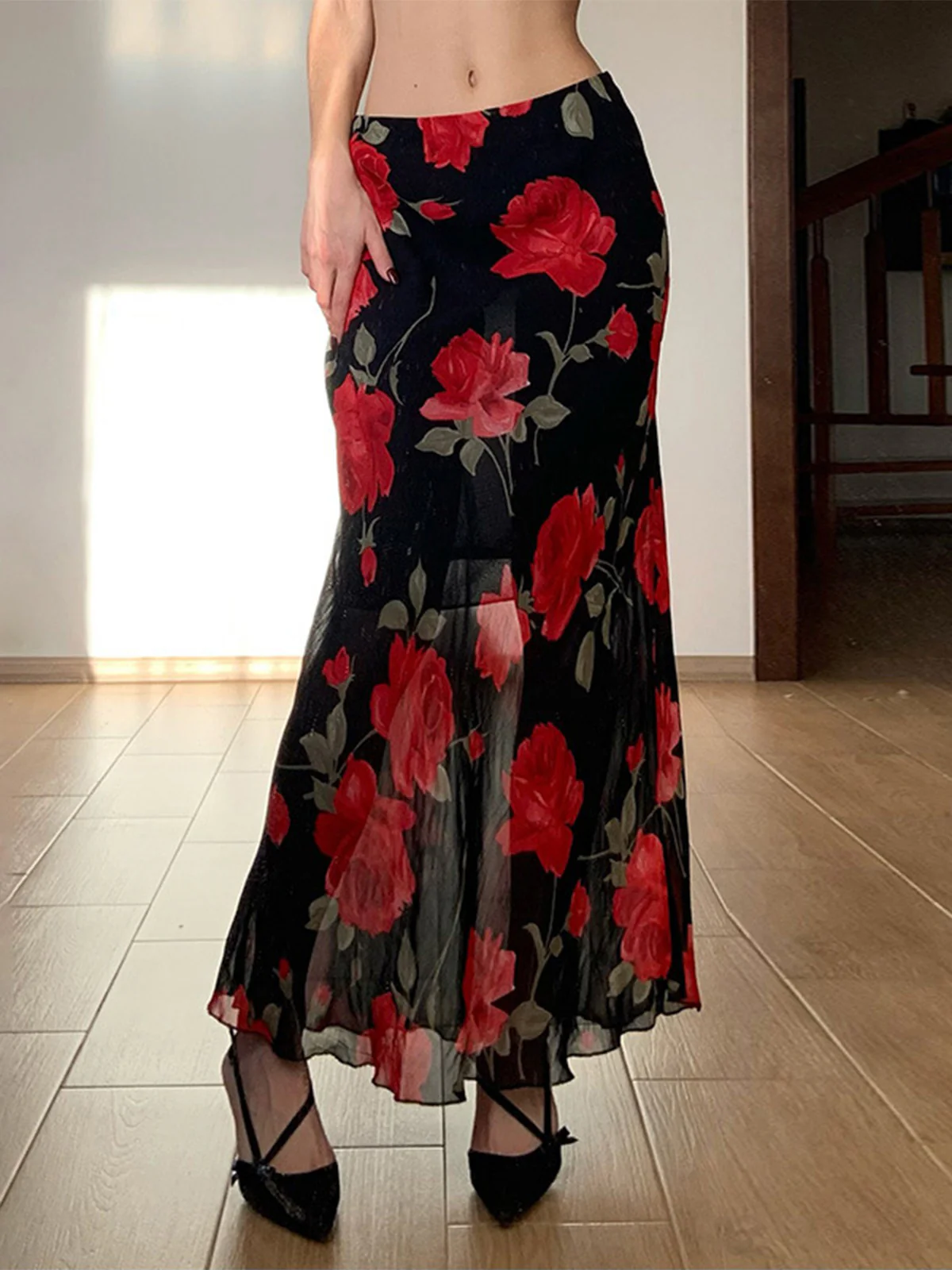 Black 1930s Rose Sheer Maxi Mermaid Skirt - Image 3