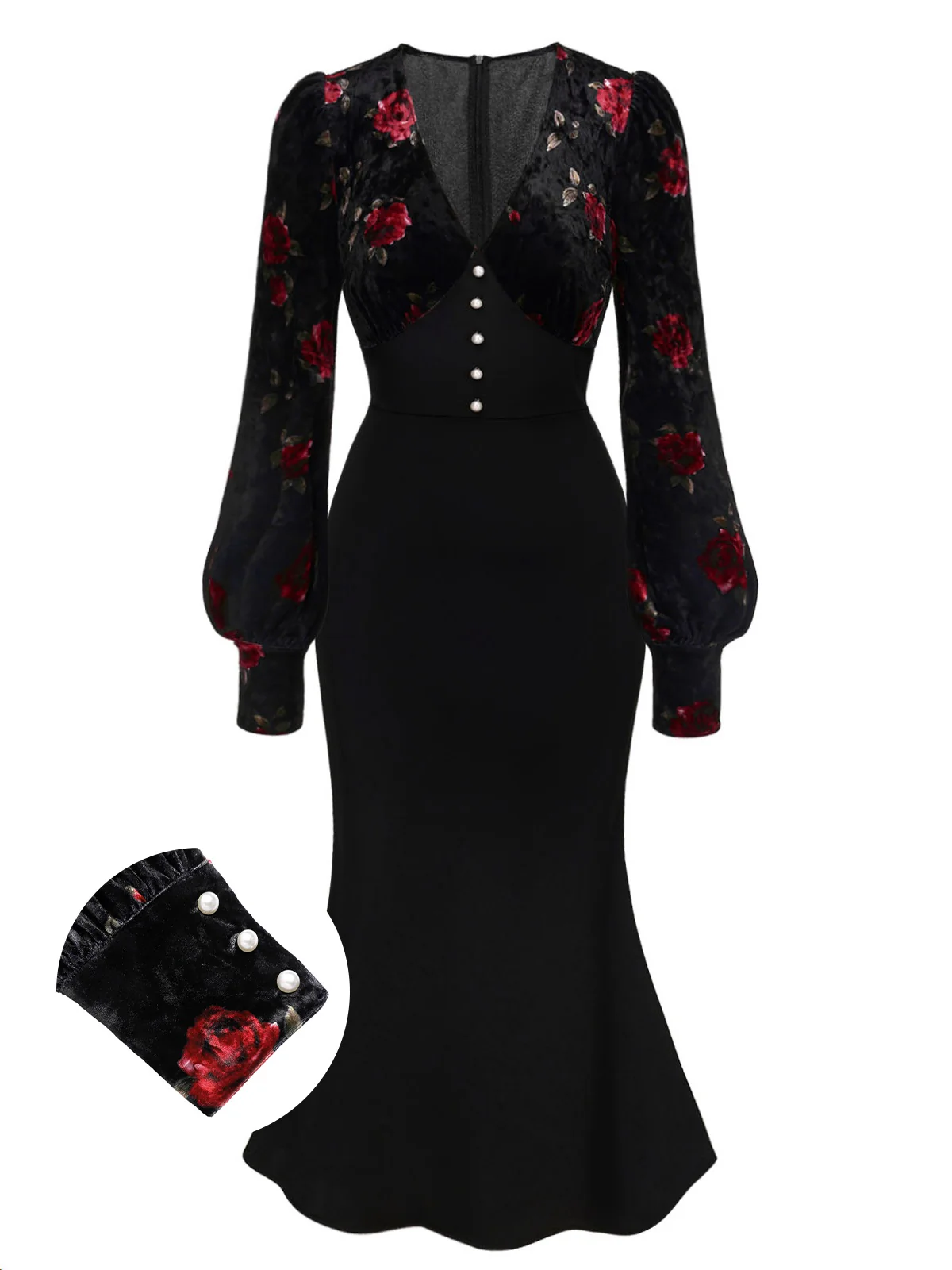 Black 1930s Rose Velvet Fishtail Dress - Image 4