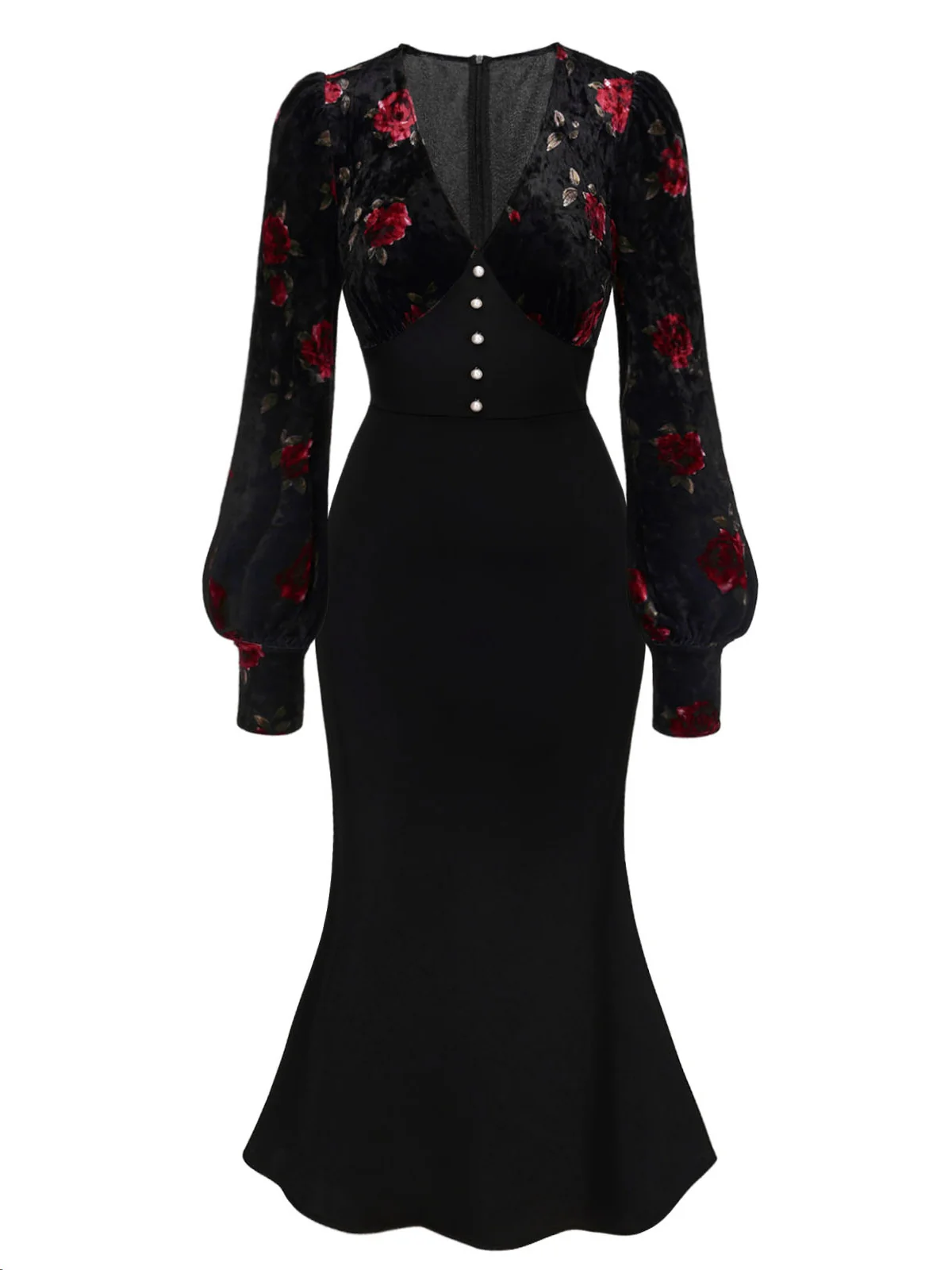 Black 1930s Rose Velvet Fishtail Dress - Image 5