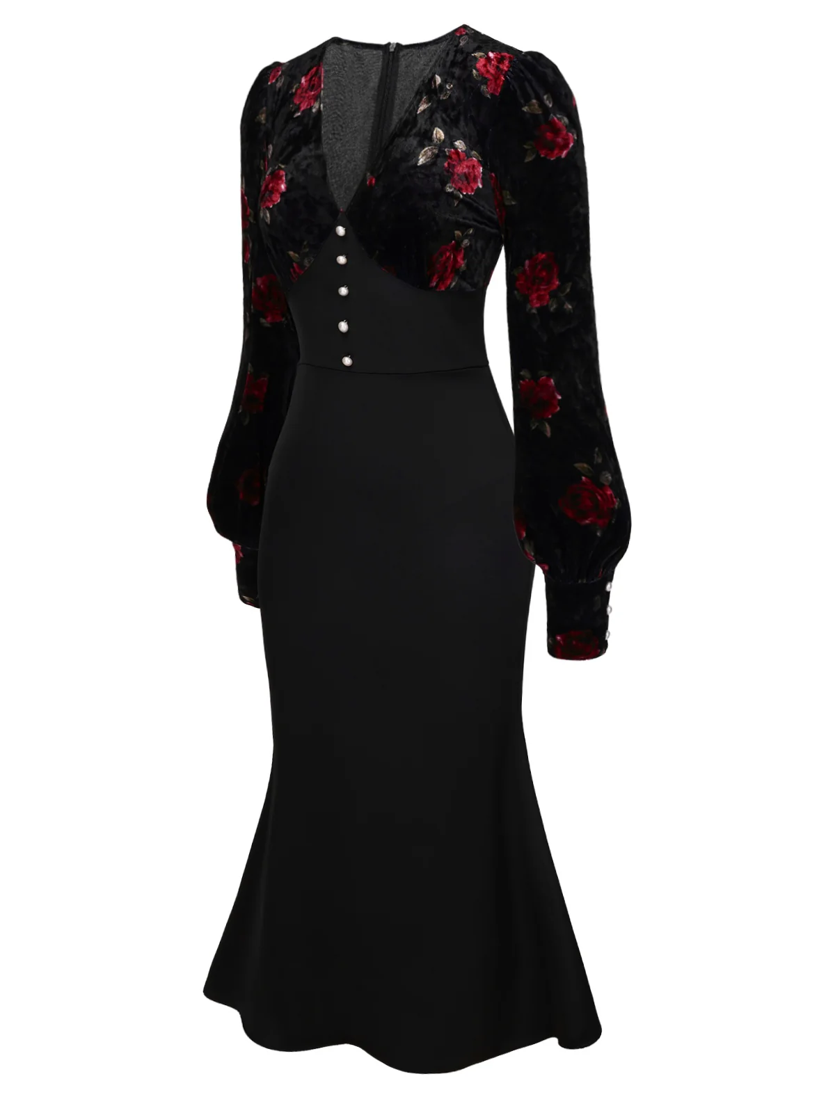 Black 1930s Rose Velvet Fishtail Dress - Image 6