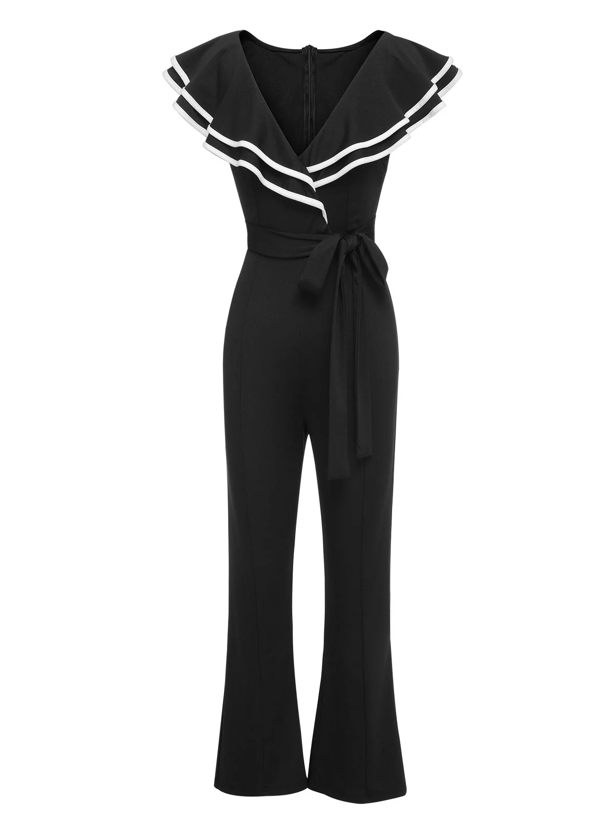 Black 1930s Ruffle Lapel Bootcut Jumpsuit - Image 2