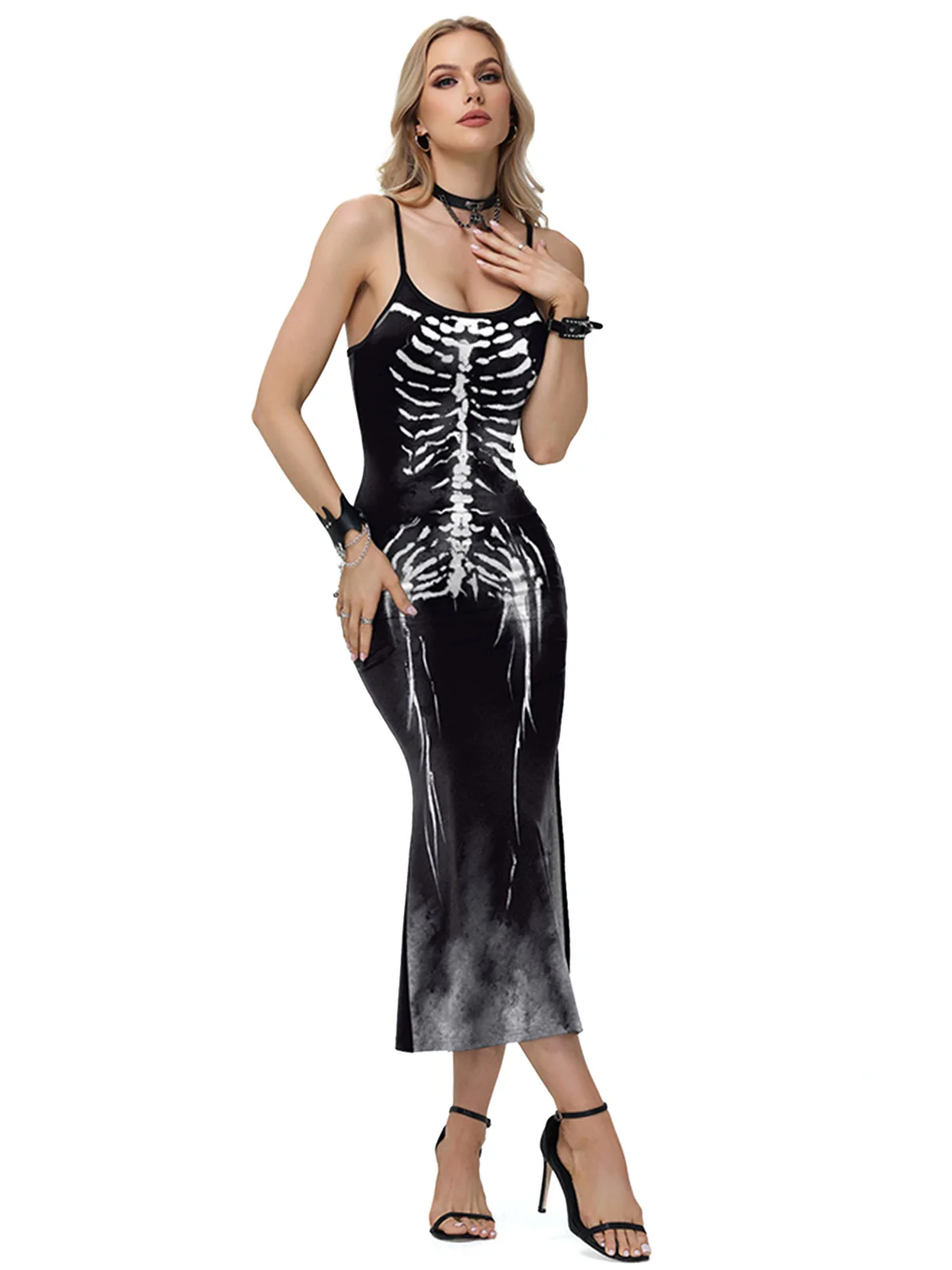 Black 1930s Skeleton Slit Spaghetti Straps Dress - Image 2