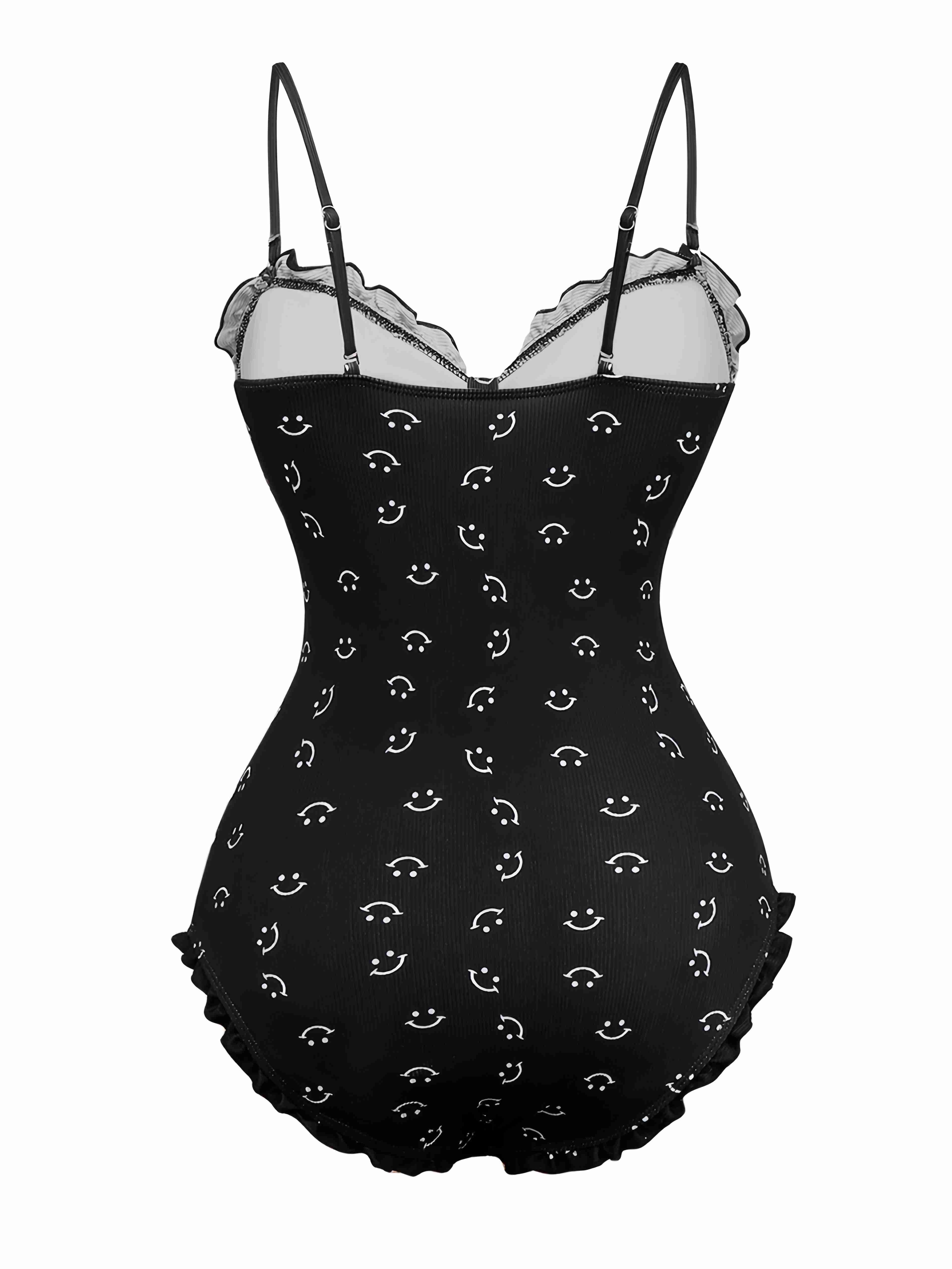 Black 1930s Smile Print Ruffles Spaghetti Straps One-Piece Swimsuit - Image 2