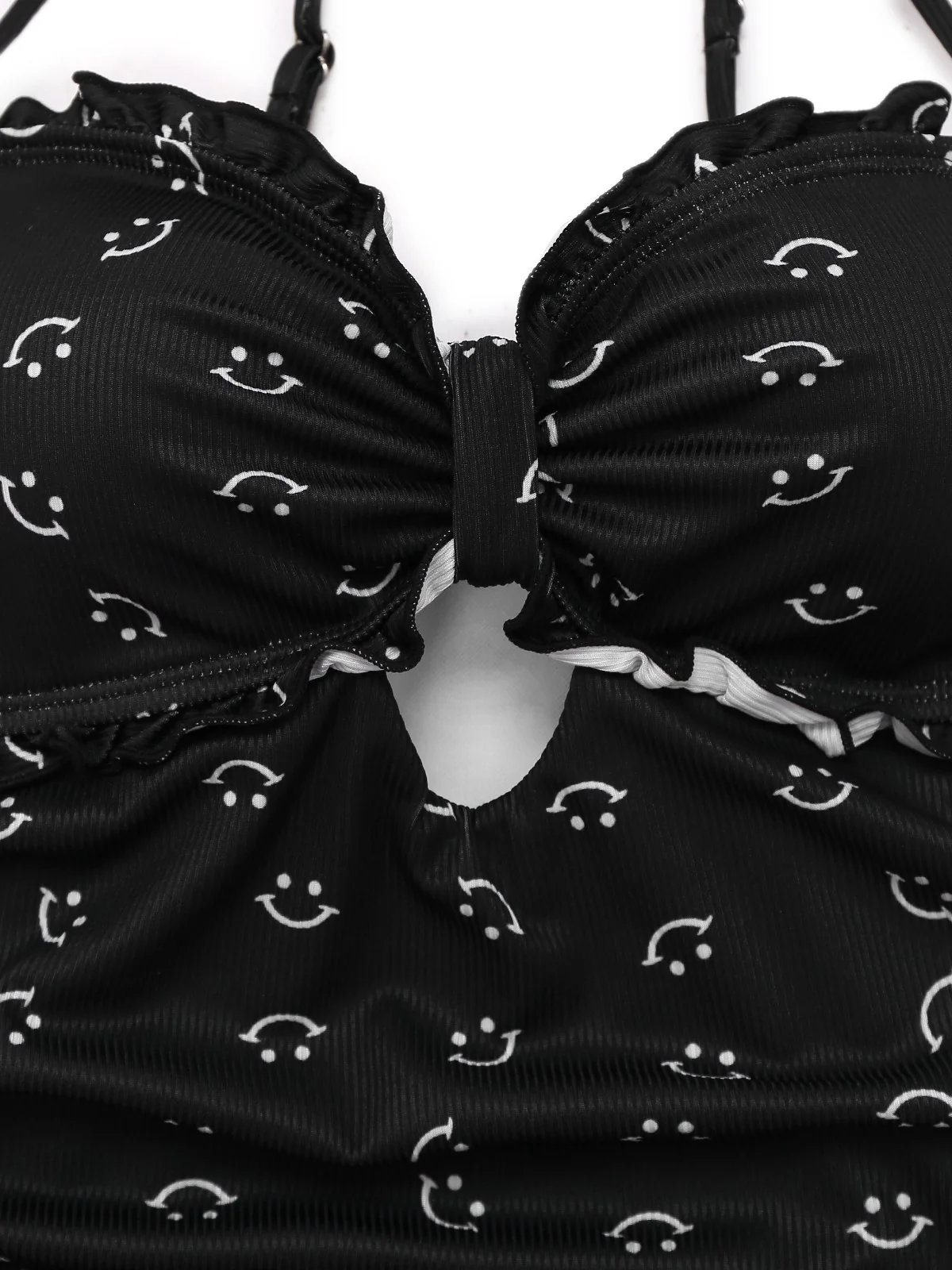 Black 1930s Smile Print Ruffles Spaghetti Straps One-Piece Swimsuit - Image 3