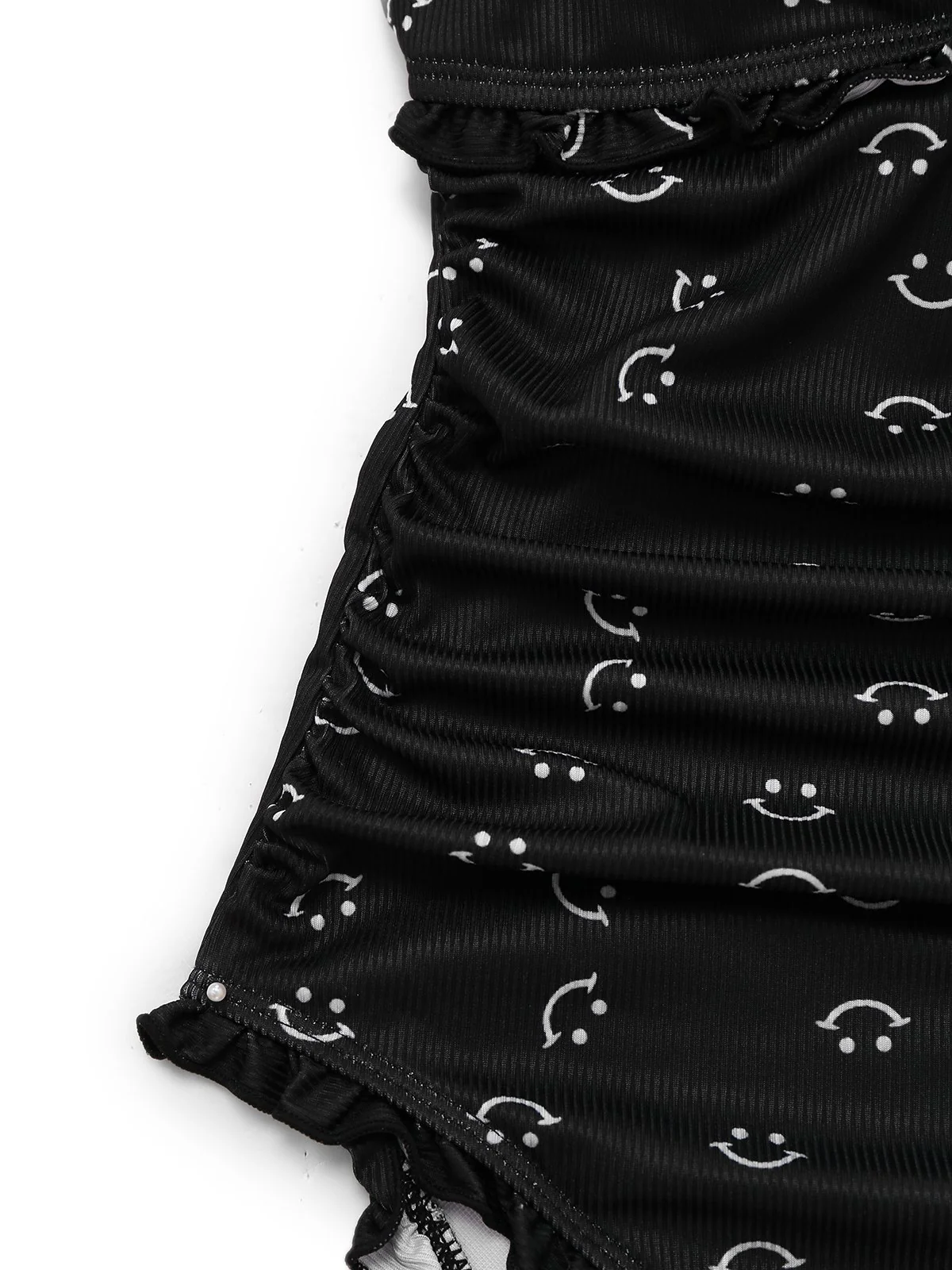 Black 1930s Smile Print Ruffles Spaghetti Straps One-Piece Swimsuit - Image 4