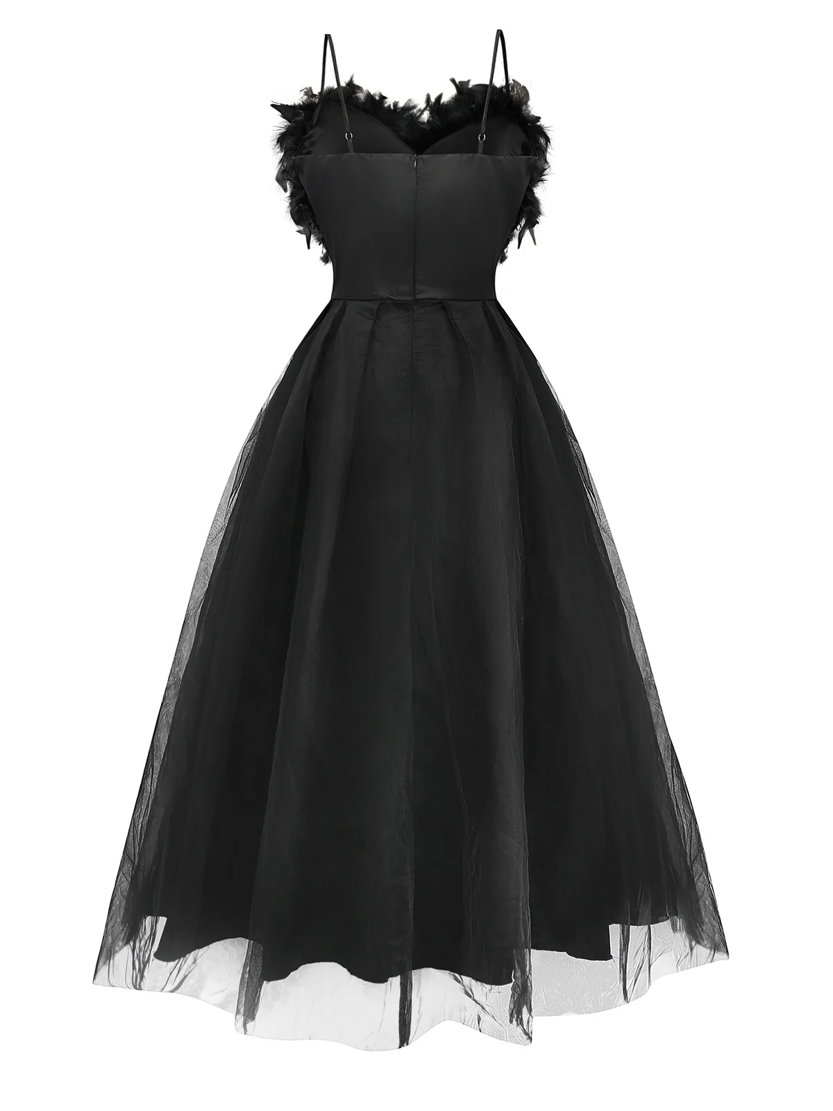 Black 1930s Solid 3D Feather Mesh Dress - Image 2