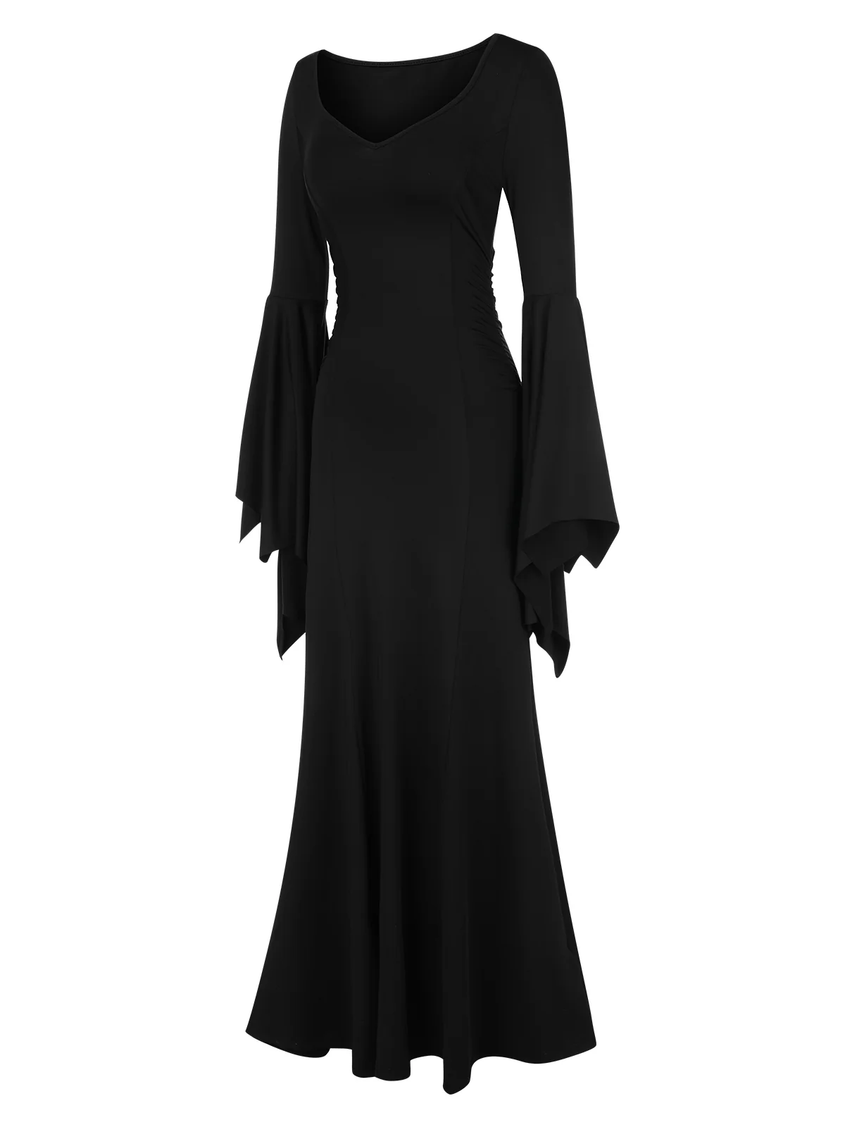 Black 1930s Solid Batwing Cuffs Fishtail Dress - Image 2