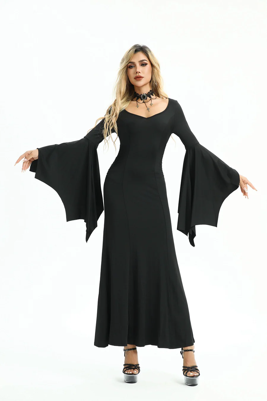 Black 1930s Solid Batwing Cuffs Fishtail Dress - Image 5